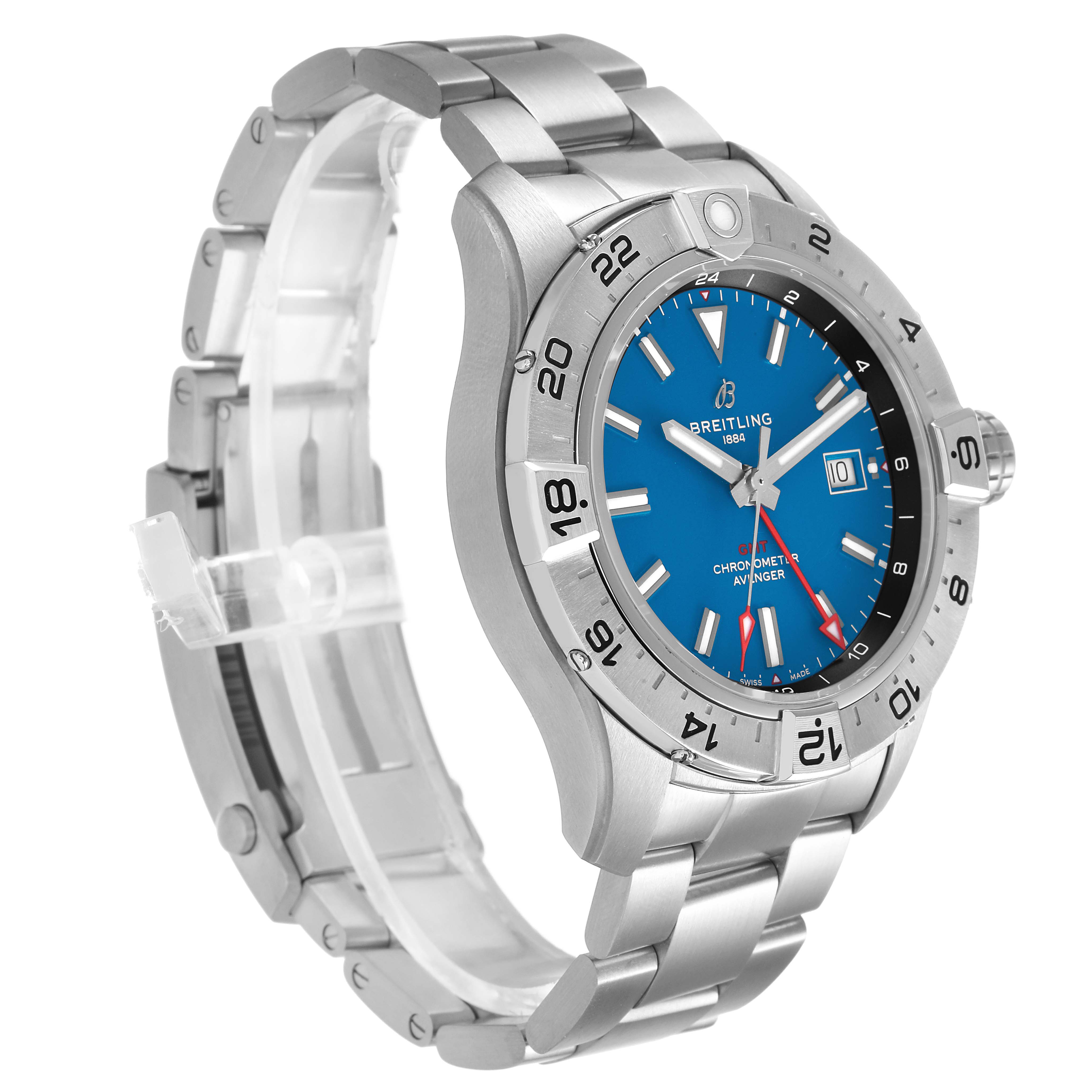 The Breitling Avenger A32320 Men's Stainless Steel Blue Dial watch is shown at a three-quarter angle, highlighting the blue dial, bezel, crown, and stainless steel bracelet.