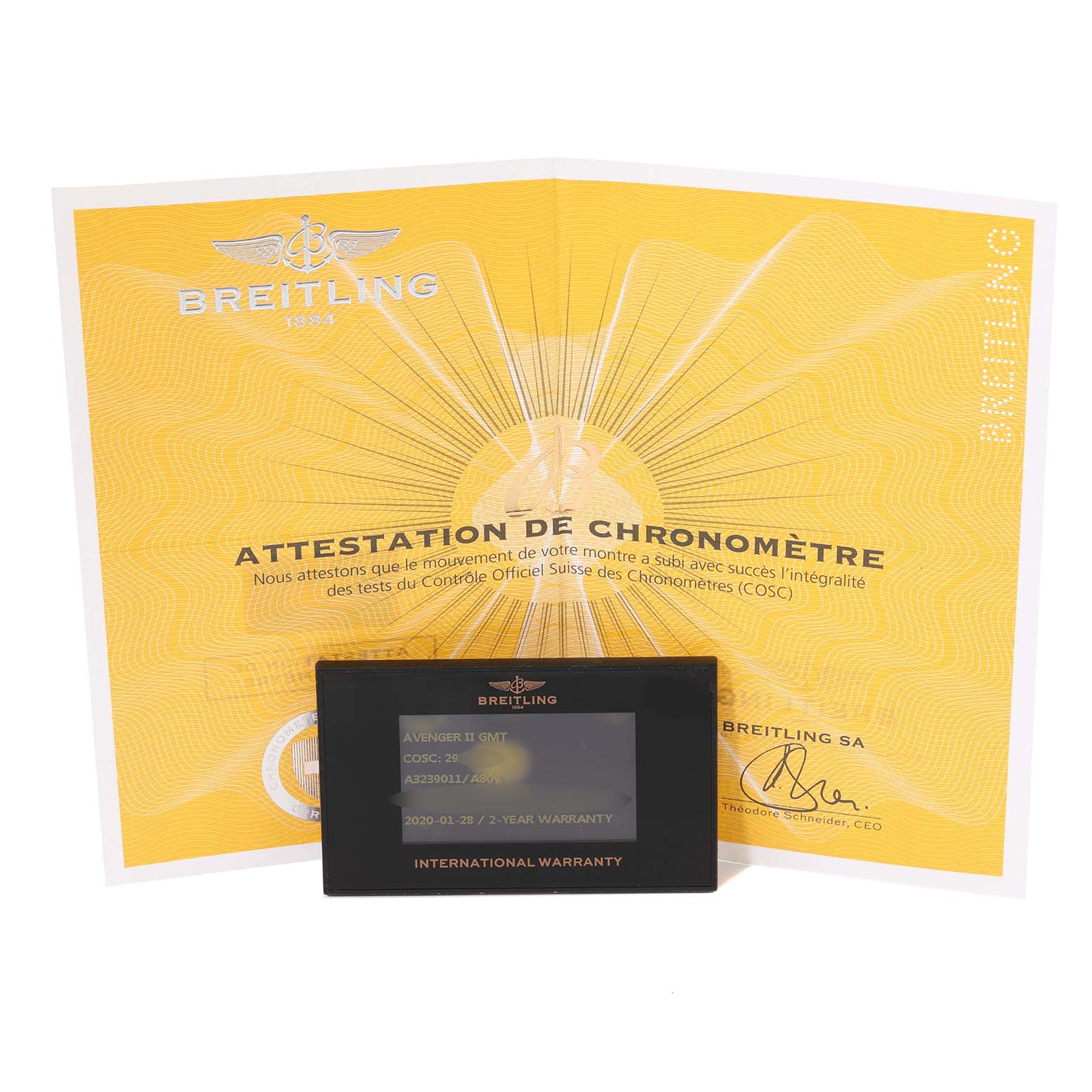 The image shows a Breitling Avenger A32390 Men's Stainless Steel Mother of Pearl Dial A32390 Men's Stainless Steel Mother of Pearl Dial model COSC certificate and international warranty card, viewed from the front.