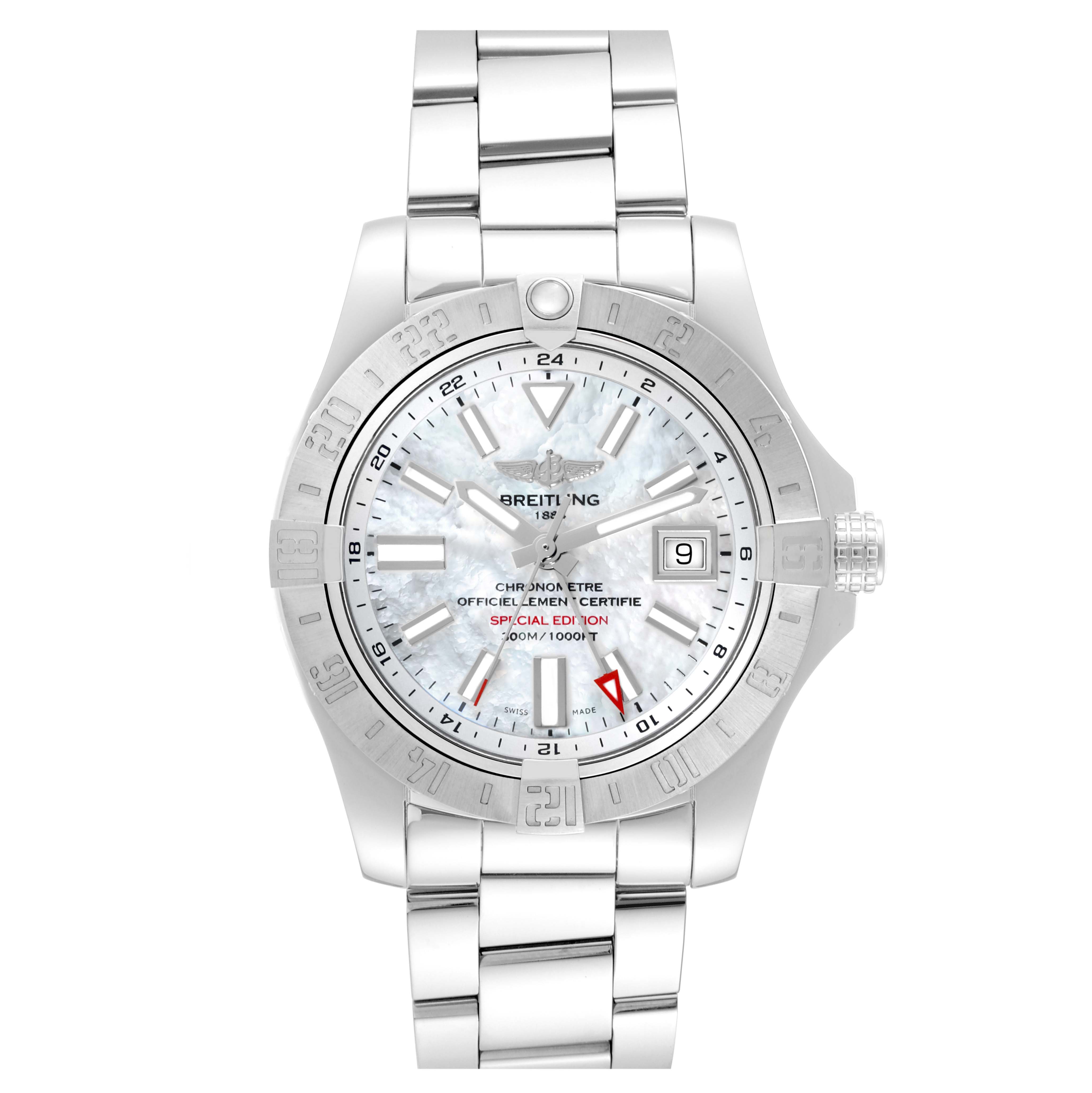 The image shows a front view of the Breitling Avenger A32390 Men's Stainless Steel Mother of Pearl Dial A32390 Men's Stainless Steel Mother of Pearl Dial watch, showcasing its face, bezel, and bracelet.