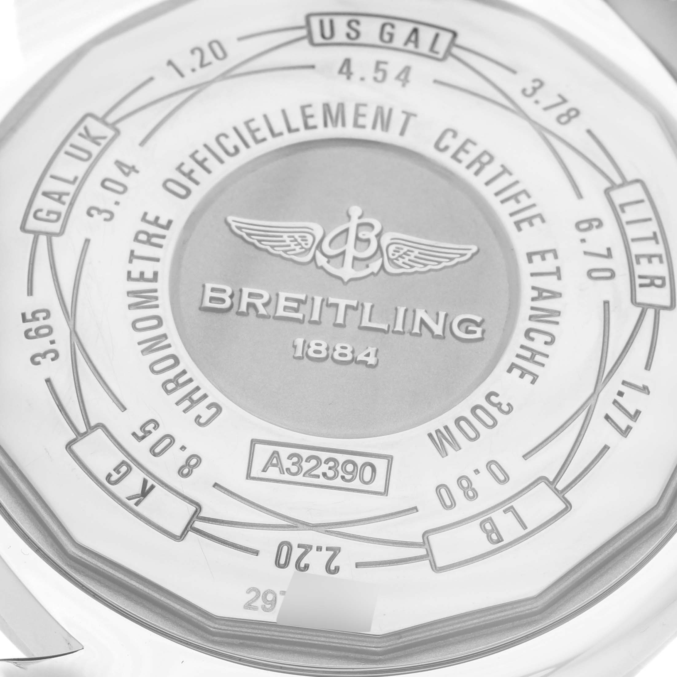 The image shows the back casing of a Breitling Avenger A32390 Men's Stainless Steel Mother of Pearl Dial A32390 Men's Stainless Steel Mother of Pearl Dial model watch.