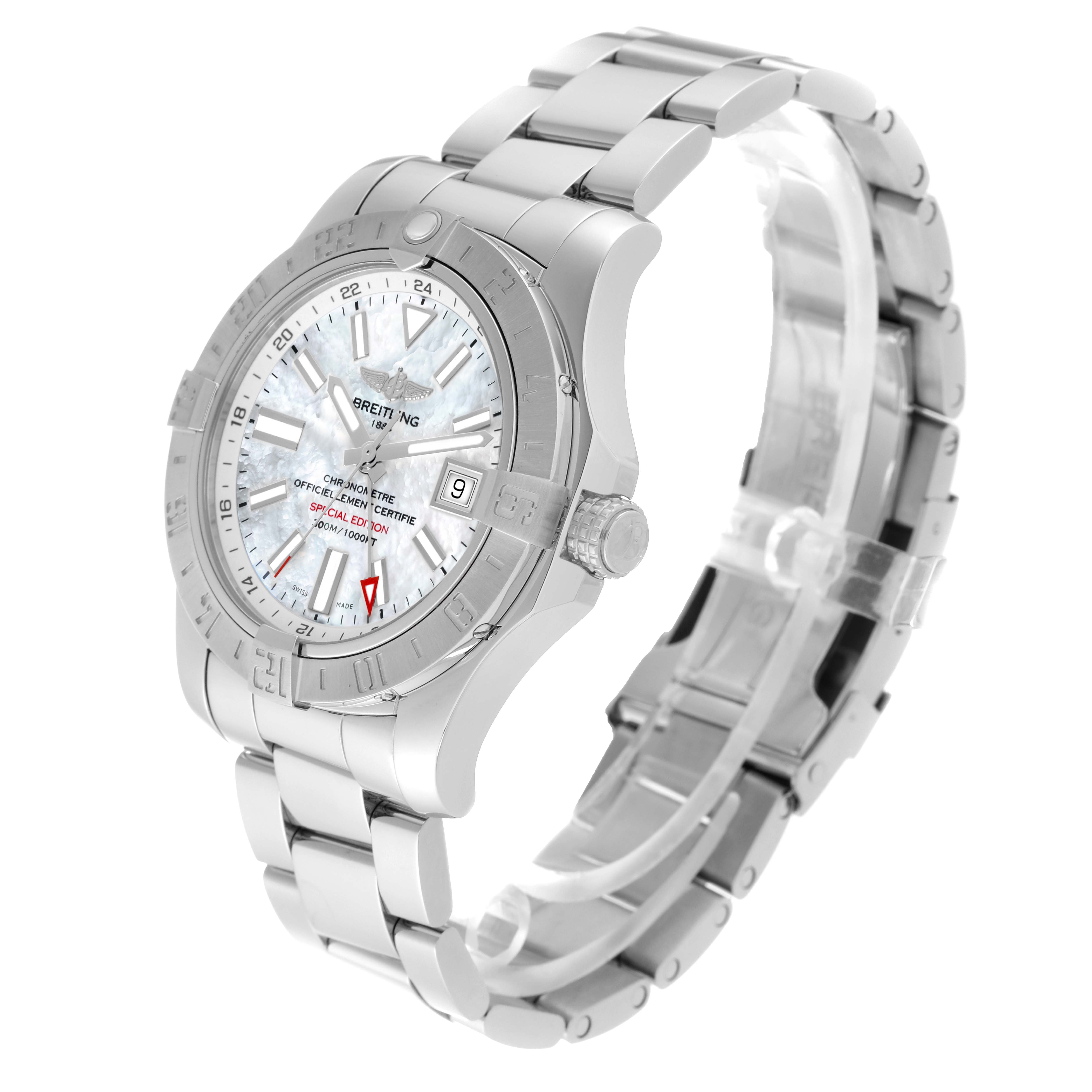 The Breitling Avenger A32390 Men's Stainless Steel Mother of Pearl Dial A32390 Men's Stainless Steel Mother of Pearl Dial watch is shown at a three-quarter angle, highlighting the face, bezel, crown, and metal bracelet.