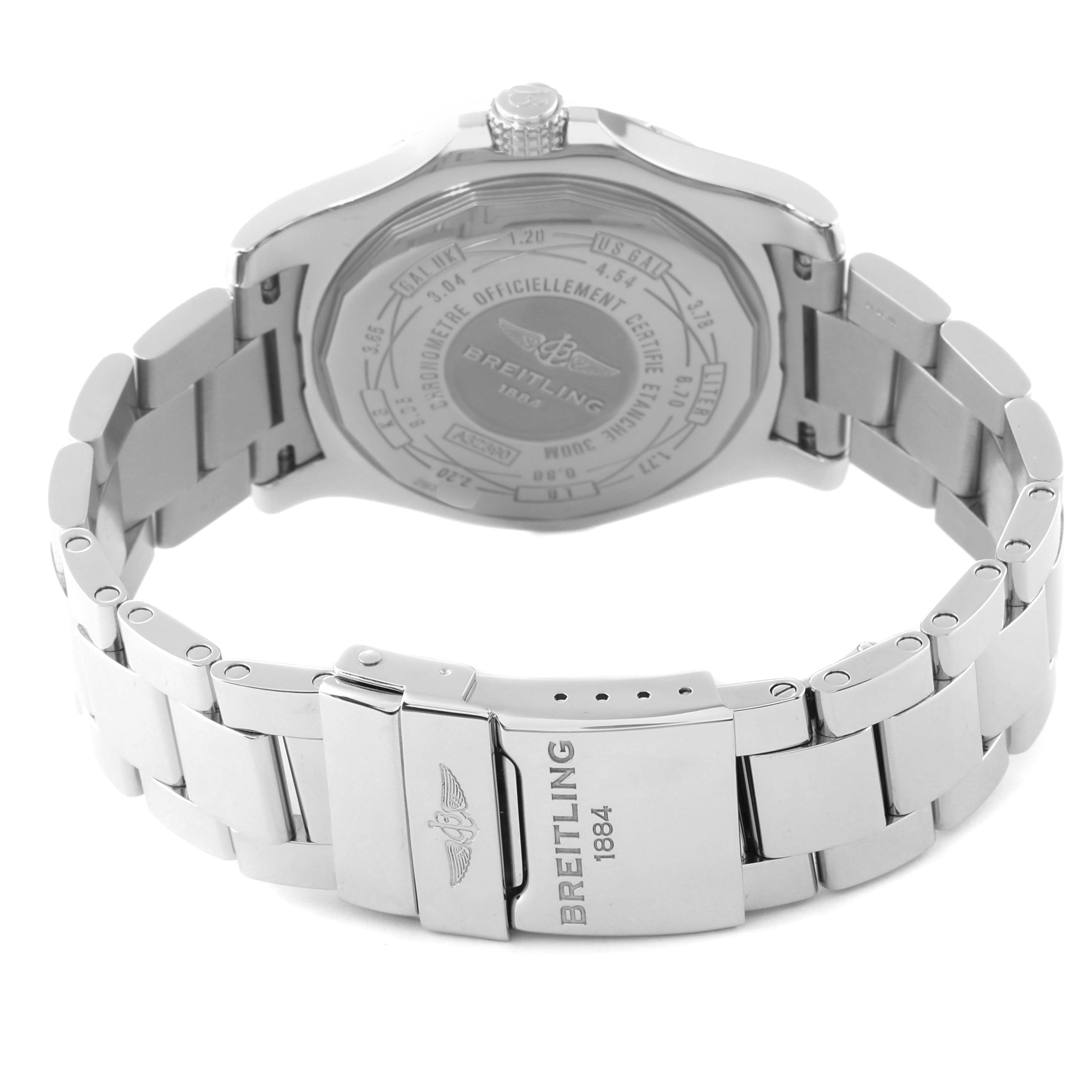 The image shows the back case and bracelet of a Breitling Avenger A32390 Men's Stainless Steel Mother of Pearl Dial A32390 Men's Stainless Steel Mother of Pearl Dial watch in a partially opened position.