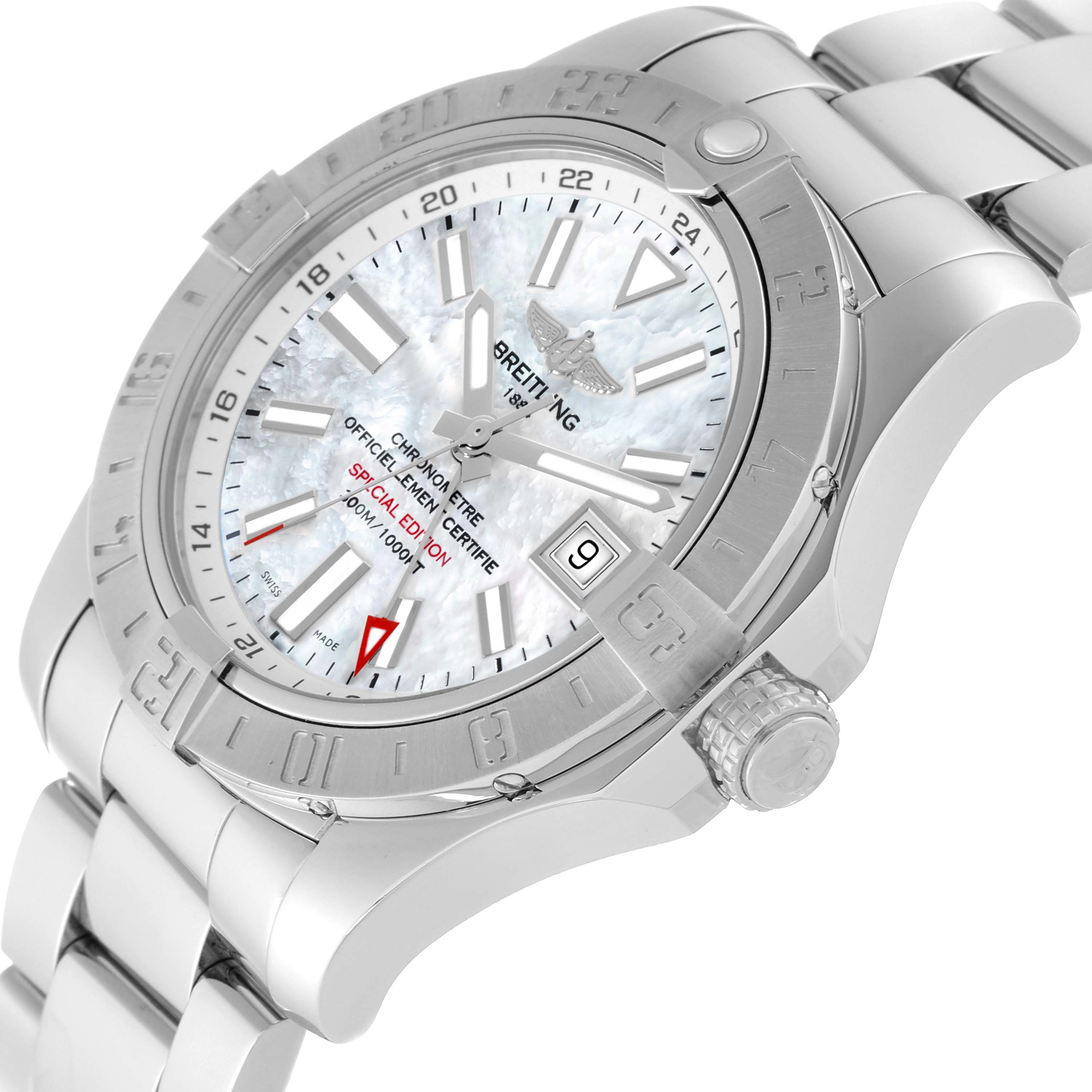This image of the Breitling Avenger A32390 Men's Stainless Steel Mother of Pearl Dial A32390 Men's Stainless Steel Mother of Pearl Dial watch is taken from a three-quarter angle, showcasing the dial, bezel, crown, and part of the bracelet.