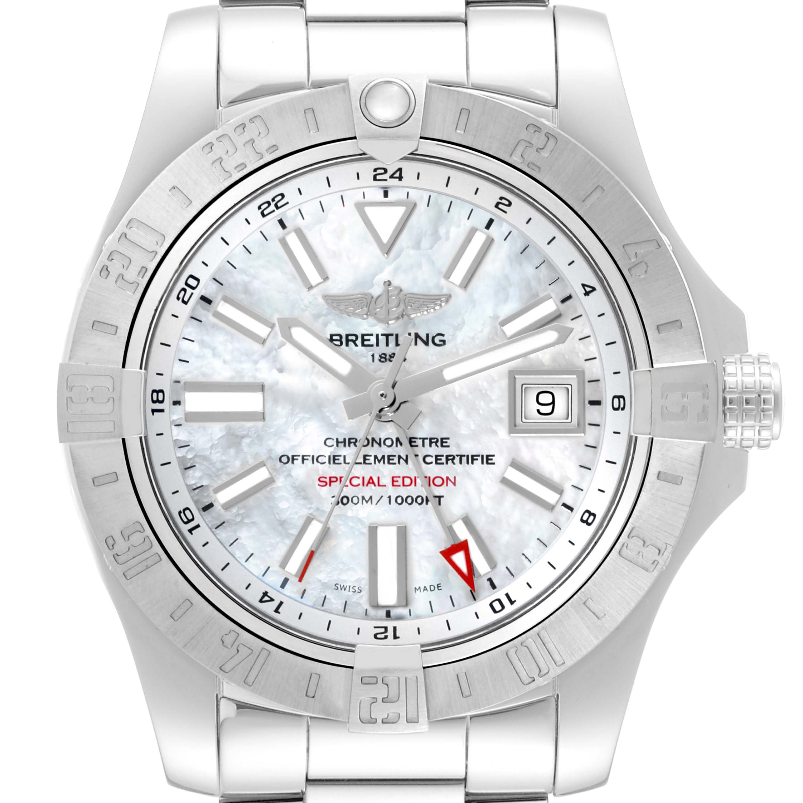 The Breitling Avenger A32390 Men's Stainless Steel Mother of Pearl Dial A32390 Men's Stainless Steel Mother of Pearl Dial watch is shown from a front angle, highlighting its face, bezel, bracelet, and crown.
