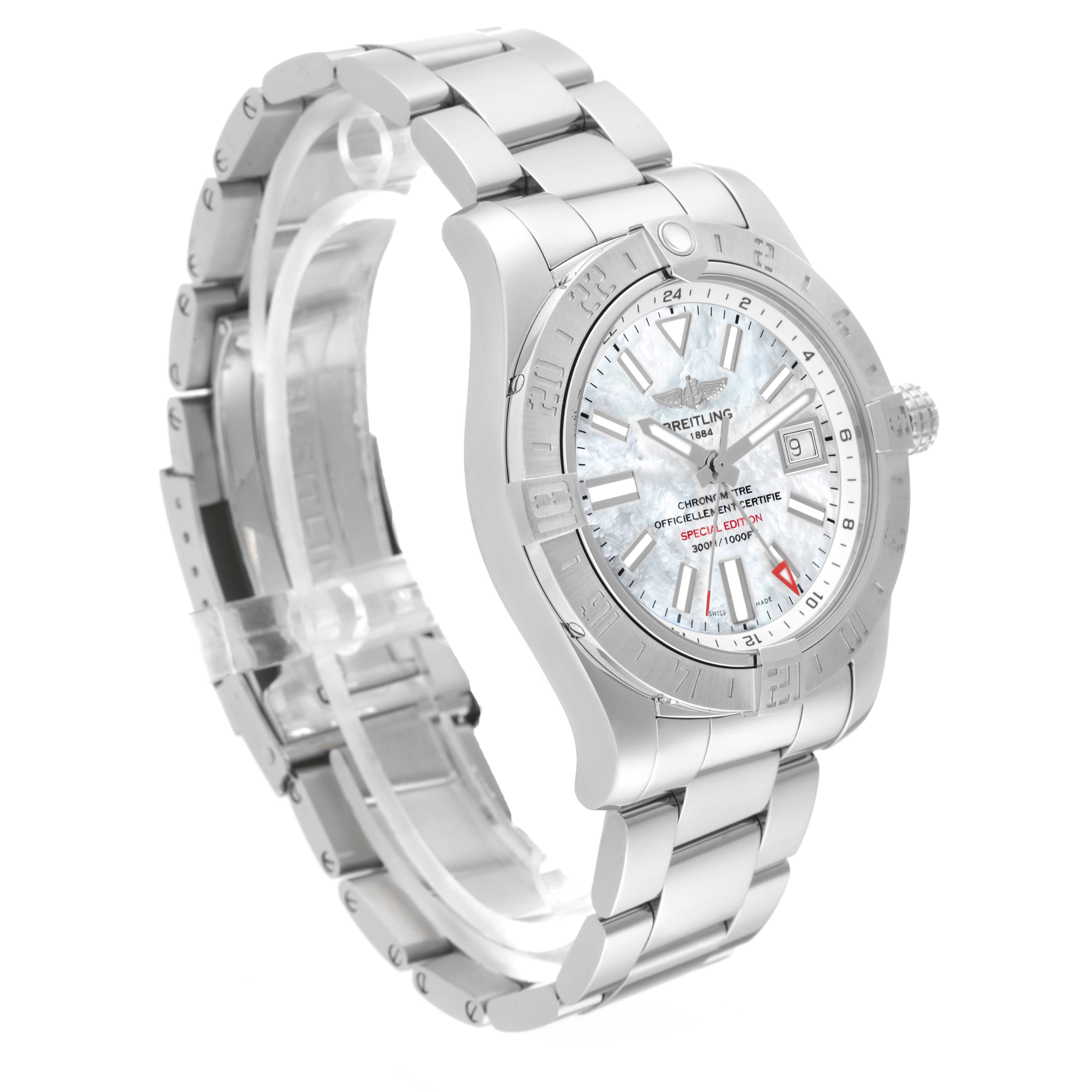 The image shows a Breitling Avenger A32390 Men's Stainless Steel Mother of Pearl Dial A32390 Men's Stainless Steel Mother of Pearl Dial model watch from a 3/4 angle, highlighting its dial, bezel, case, and metal bracelet.