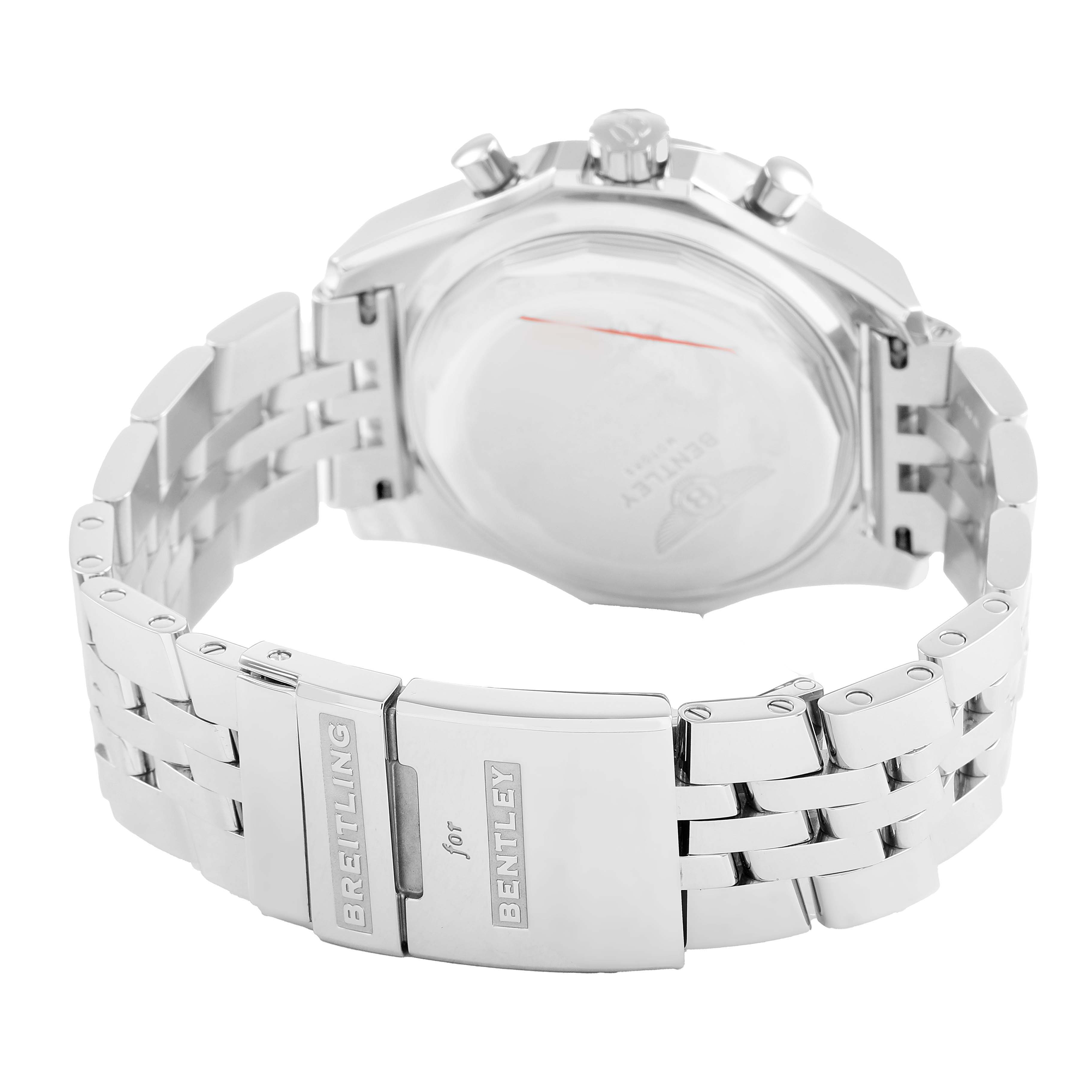 The image shows the back side of the Breitling for Bentley watch, highlighting the bracelet and clasp.
