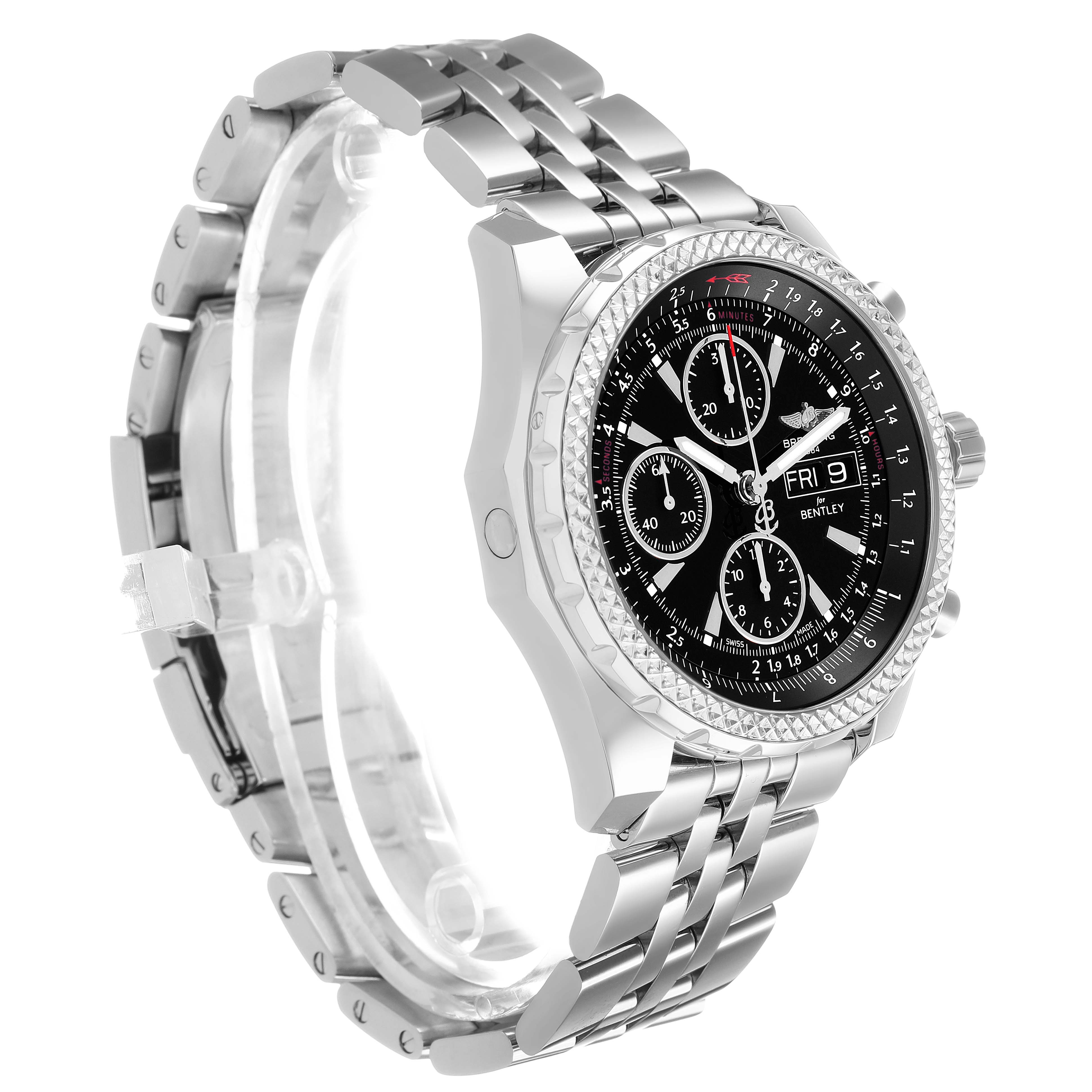 The Breitling Bentley A13362 Men's Stainless Steel Black Dial watch is shown at an angled side view, highlighting its silver bracelet and detailed subdials on the black face.