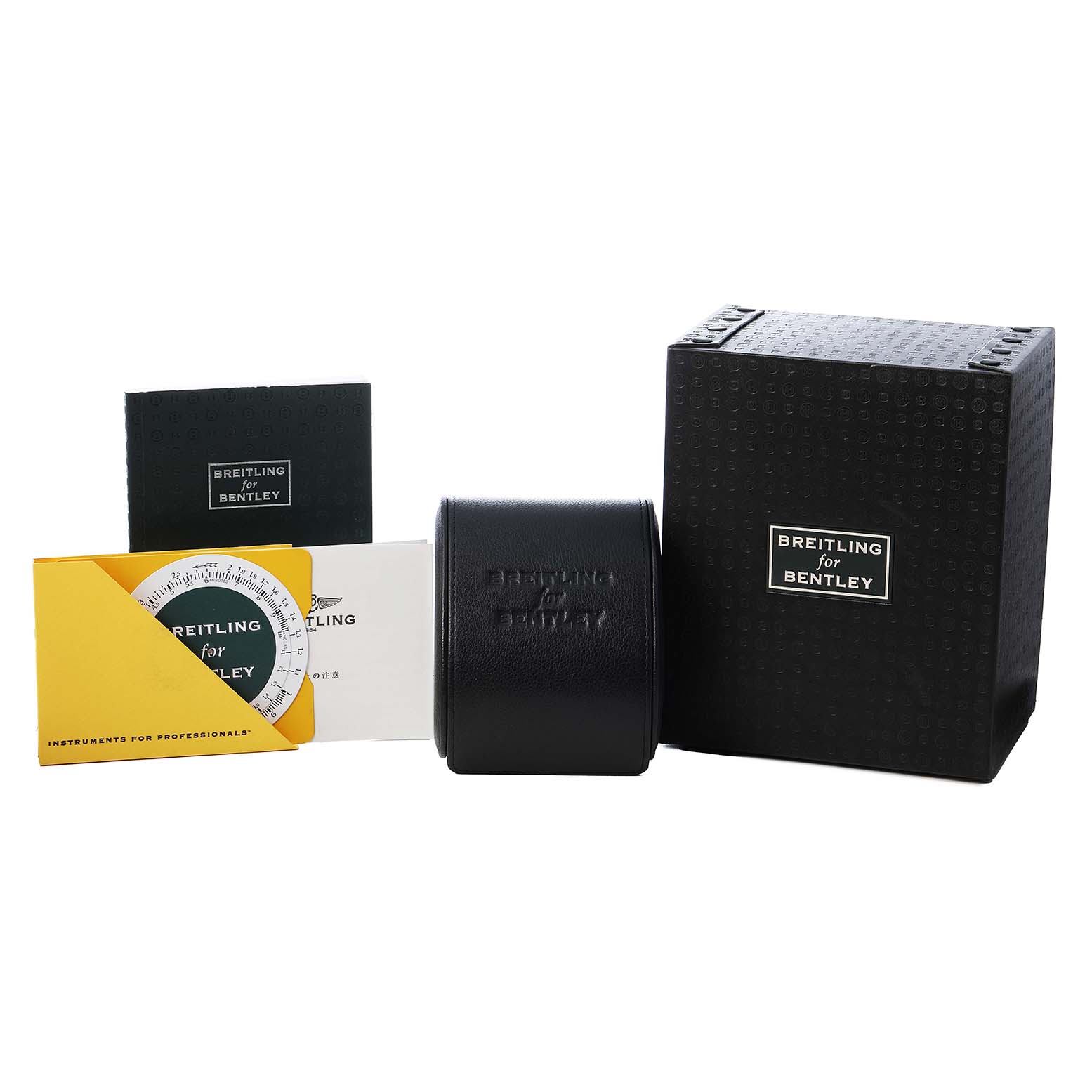 The image shows the Breitling for Bentley watch packaging, including the box, case, and documentation, from a front angle.
