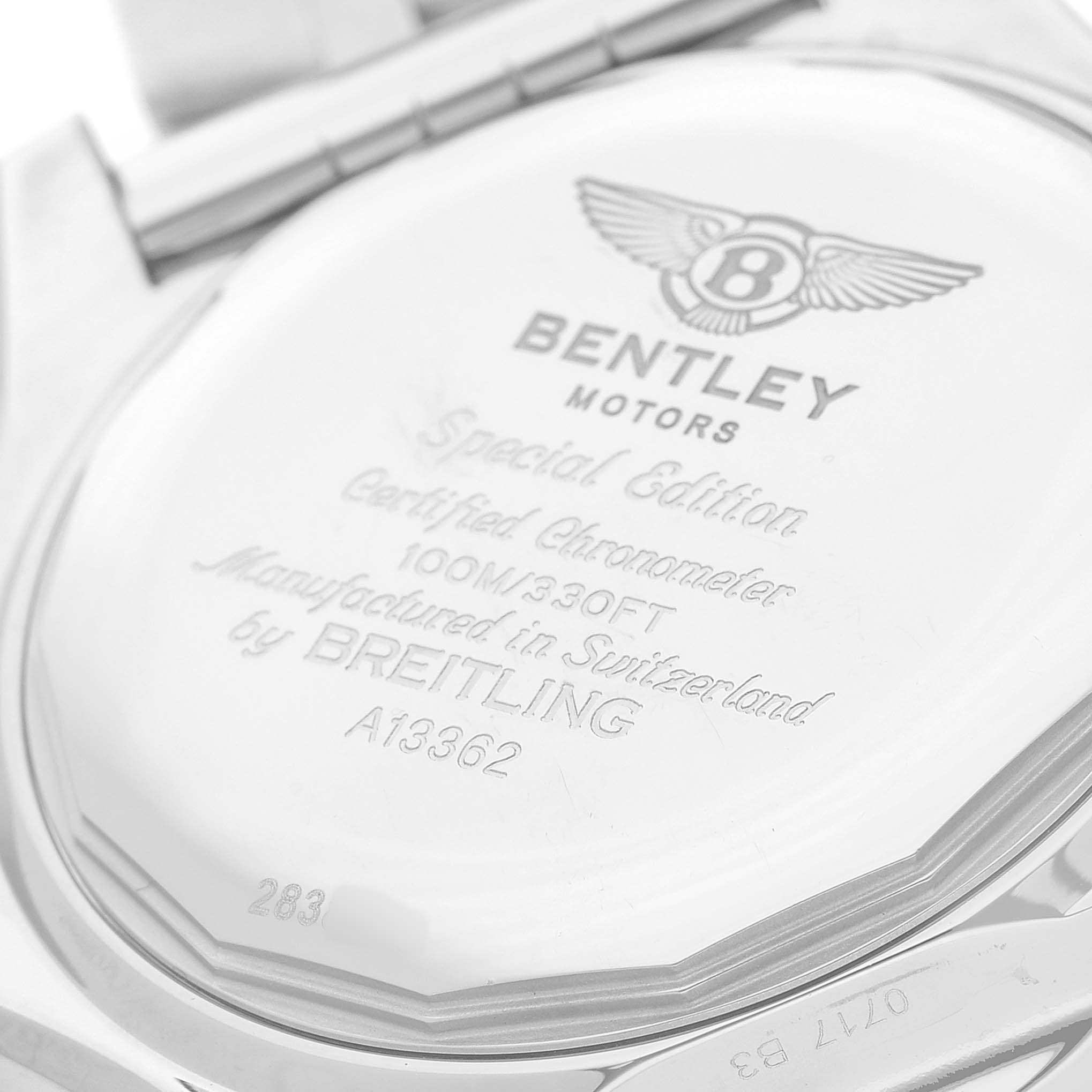 The image shows the case back of a Breitling Bentley A13362 Men's Stainless Steel Black Dial model, highlighting its engravings and branding details.
