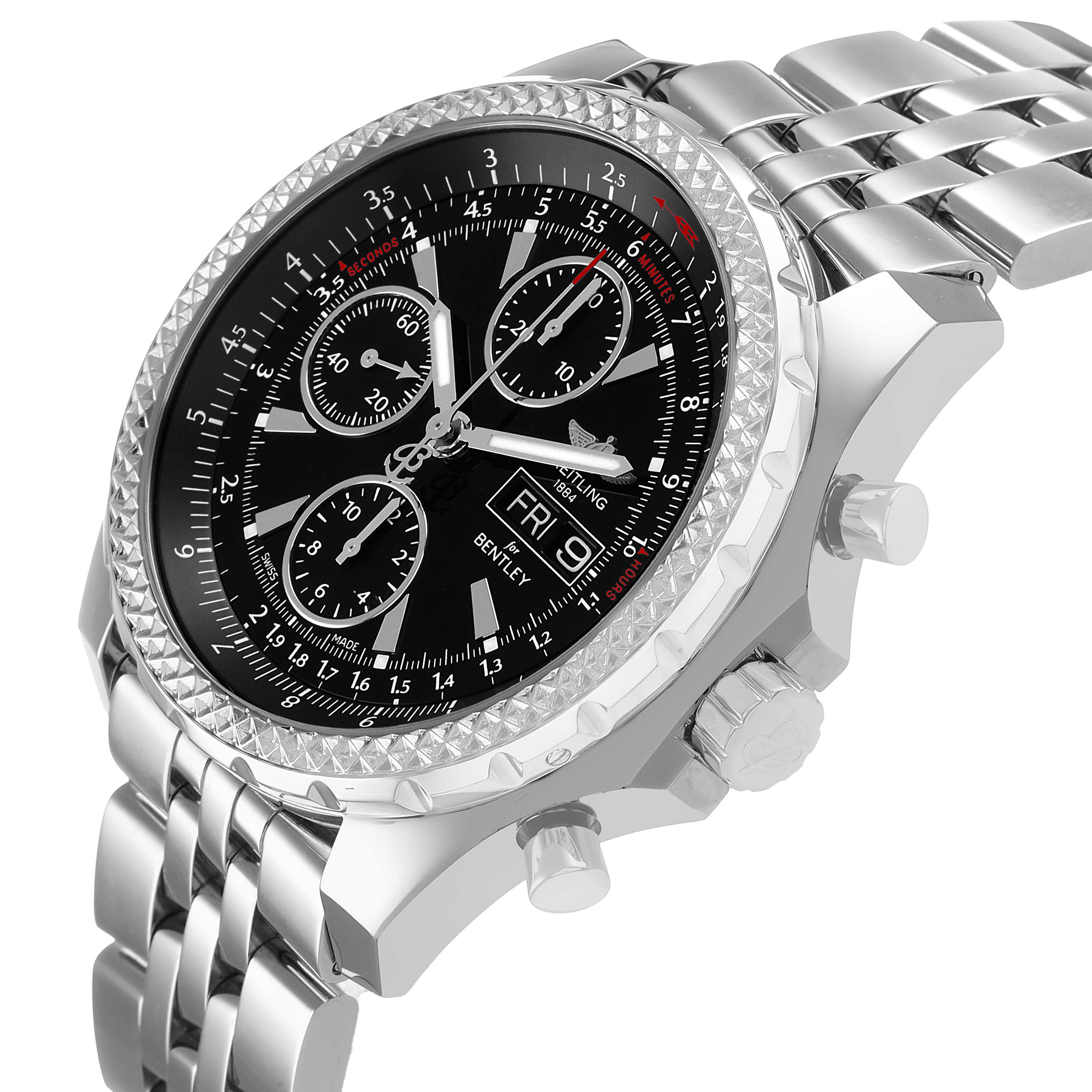 The Bentley by Breitling watch is shown at an angled side view, highlighting its bezel, dial, subdials, and metal bracelet.