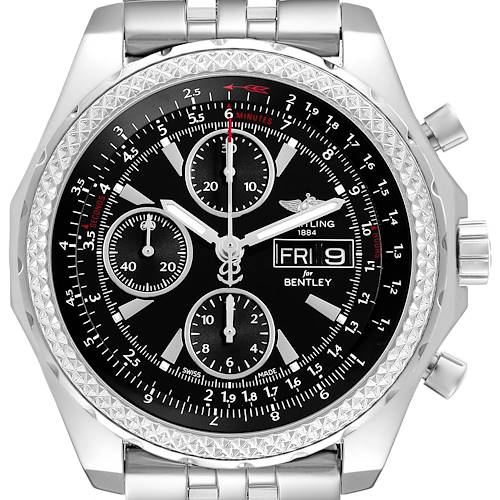 The image shows the face of the Breitling Bentley A13362 Men's Stainless Steel Black Dial watch, highlighting its dial, chronographs, bezel, and bracelet.