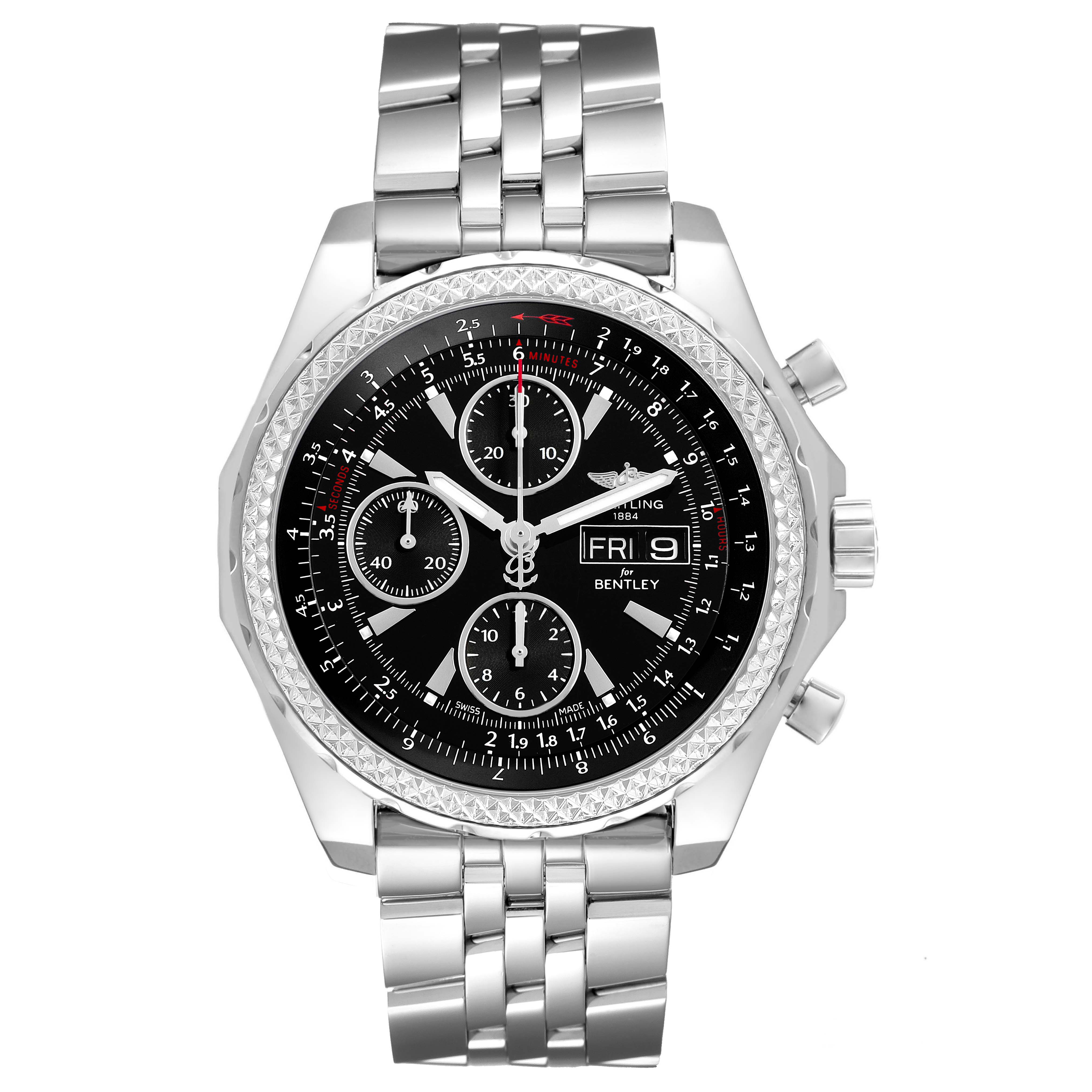 The Breitling Bentley A13362 Men's Stainless Steel Black Dial watch is shown from the front, displaying its black dial, chronograph subdials, and metallic bracelet.