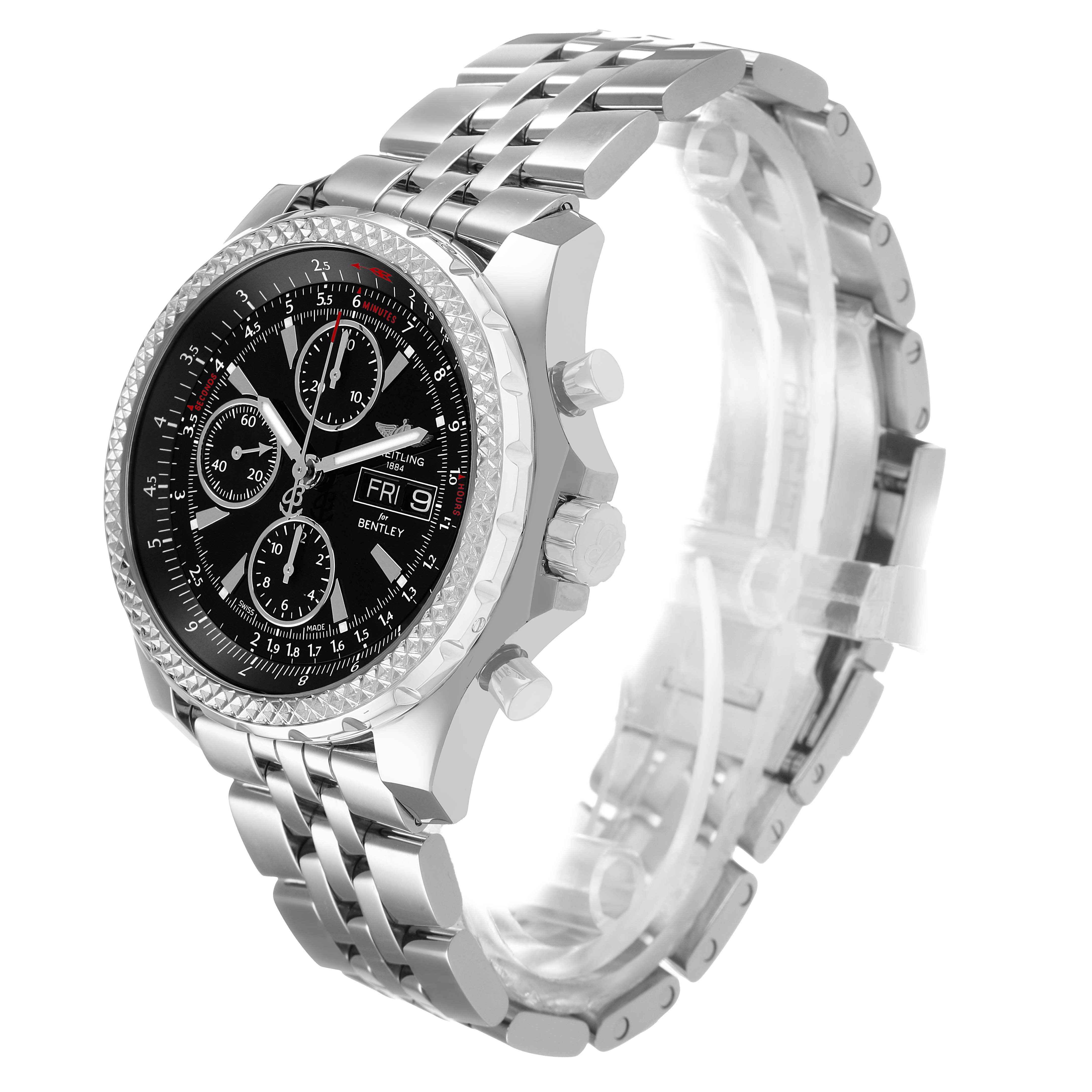 The Breitling Bentley A13362 Men's Stainless Steel Black Dial watch is shown at a 3/4 angle, highlighting its face, bezel, pushers, and metal bracelet.