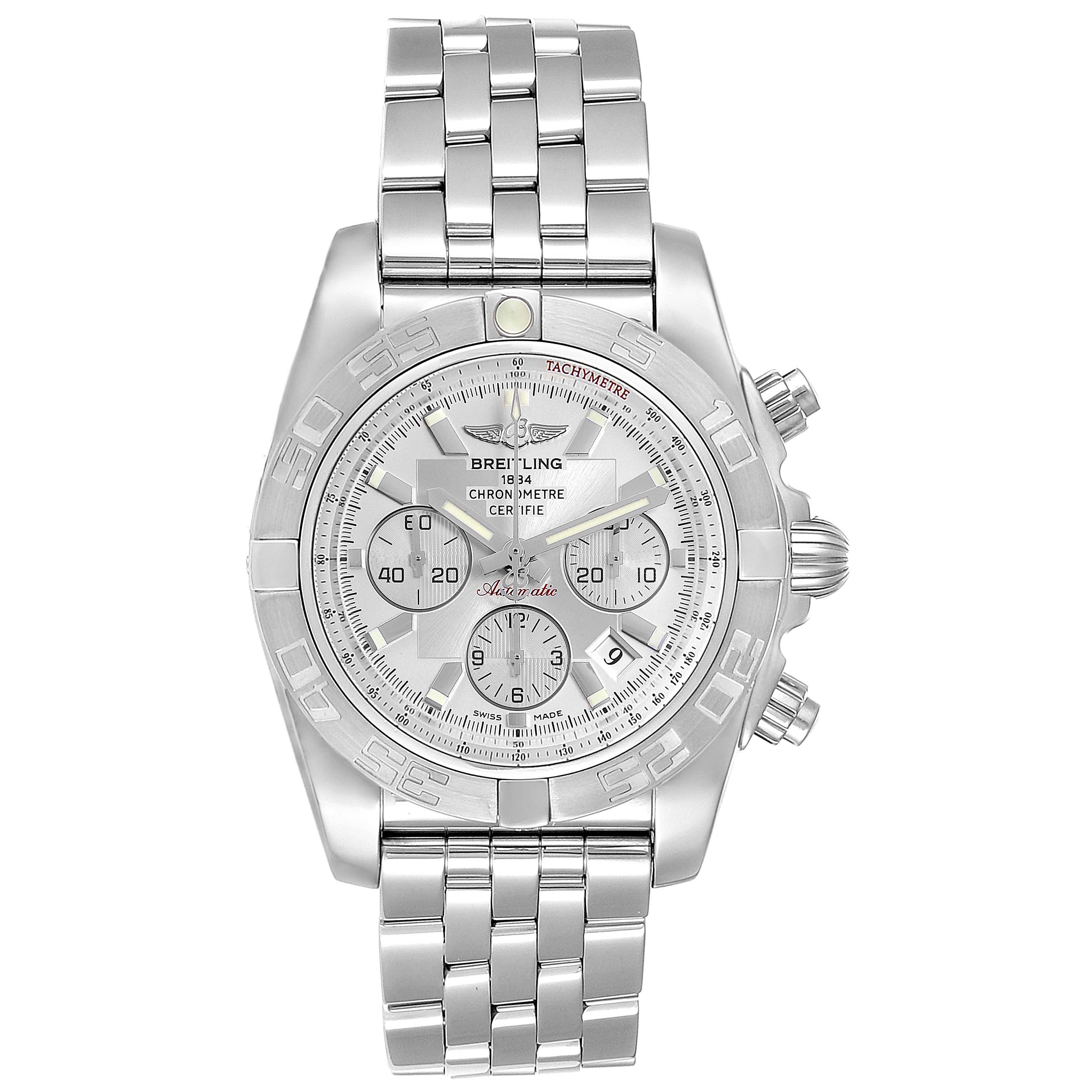 The image shows a front view of the Breitling Chronomat AB0110  Men
s Stainless Steel Silver Dial AB0110  Men
s Stainless Steel Silver Dial watch, highlighting its dial, bezel, subdials, and metal bracelet.