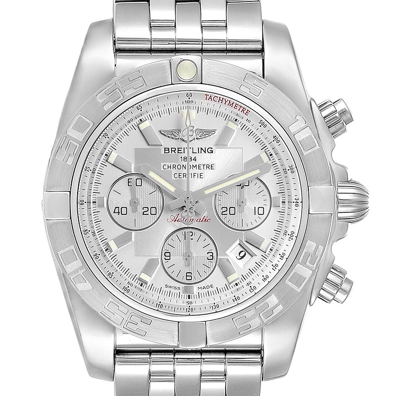 Breitling Chronomat 01 Silver Dial Steel Mens Watch AB0110 Box Papers SwissWatchExpo