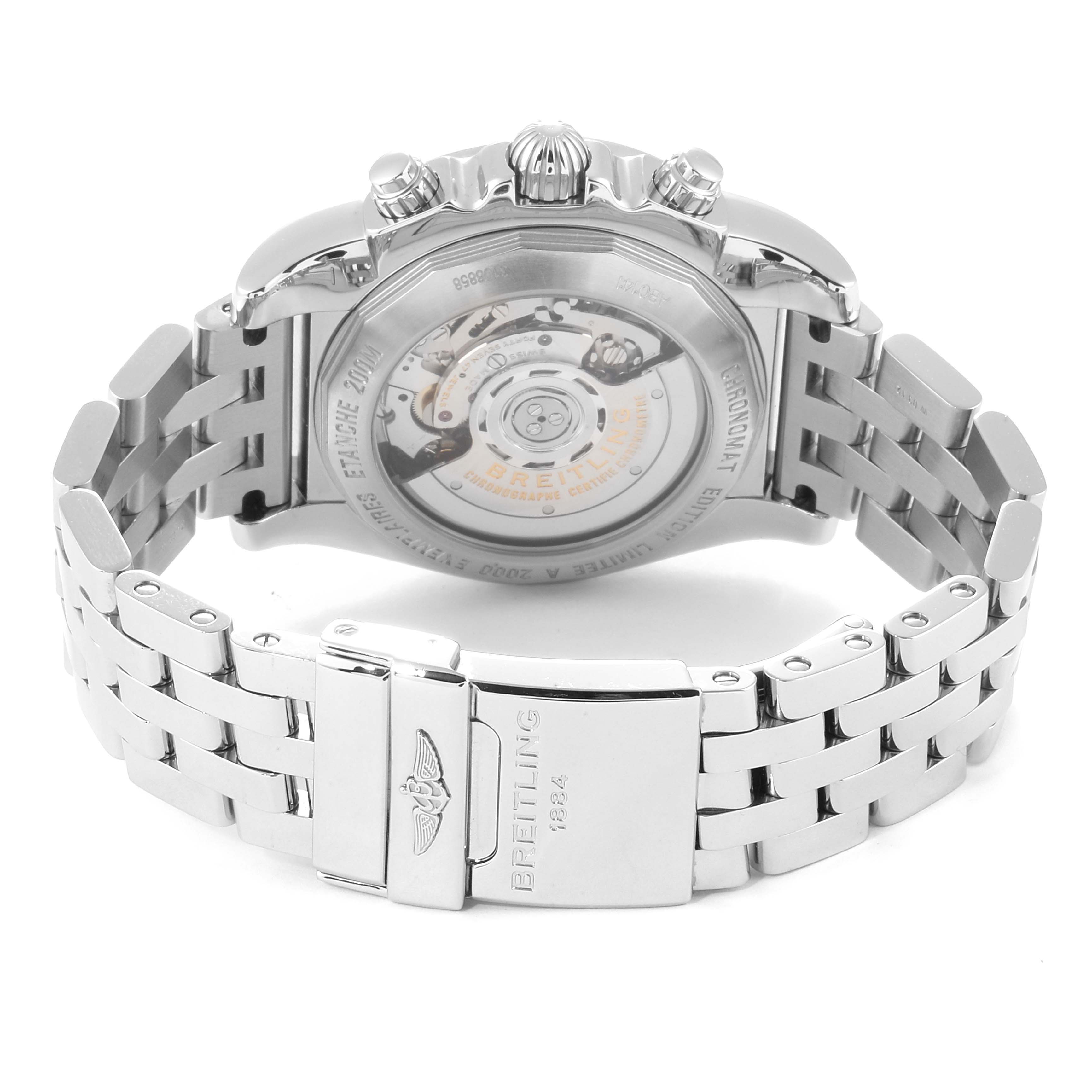 The image shows the back view of the Breitling Chronomat AB0141 Men
s Stainless Steel Black Dial AB0141 Men
s Stainless Steel Black Dial watch, highlighting the clasp, bracelet, and transparent case back displaying the movement.