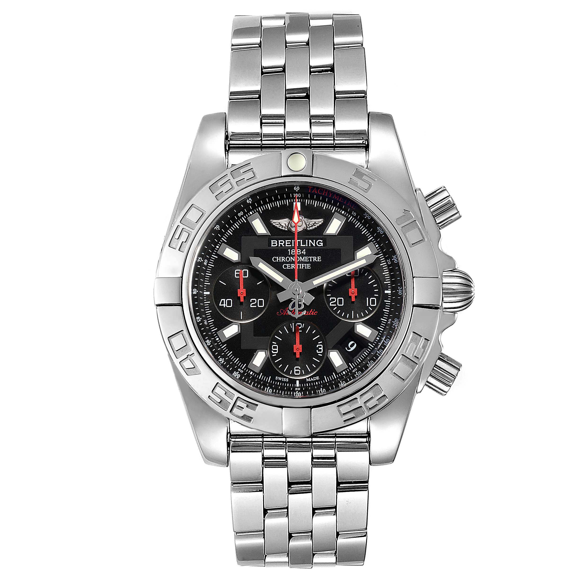 The Breitling Chronomat AB0141 Men
s Stainless Steel Black Dial AB0141 Men
s Stainless Steel Black Dial watch is shown from the front, displaying its face, bezel, and bracelet.
