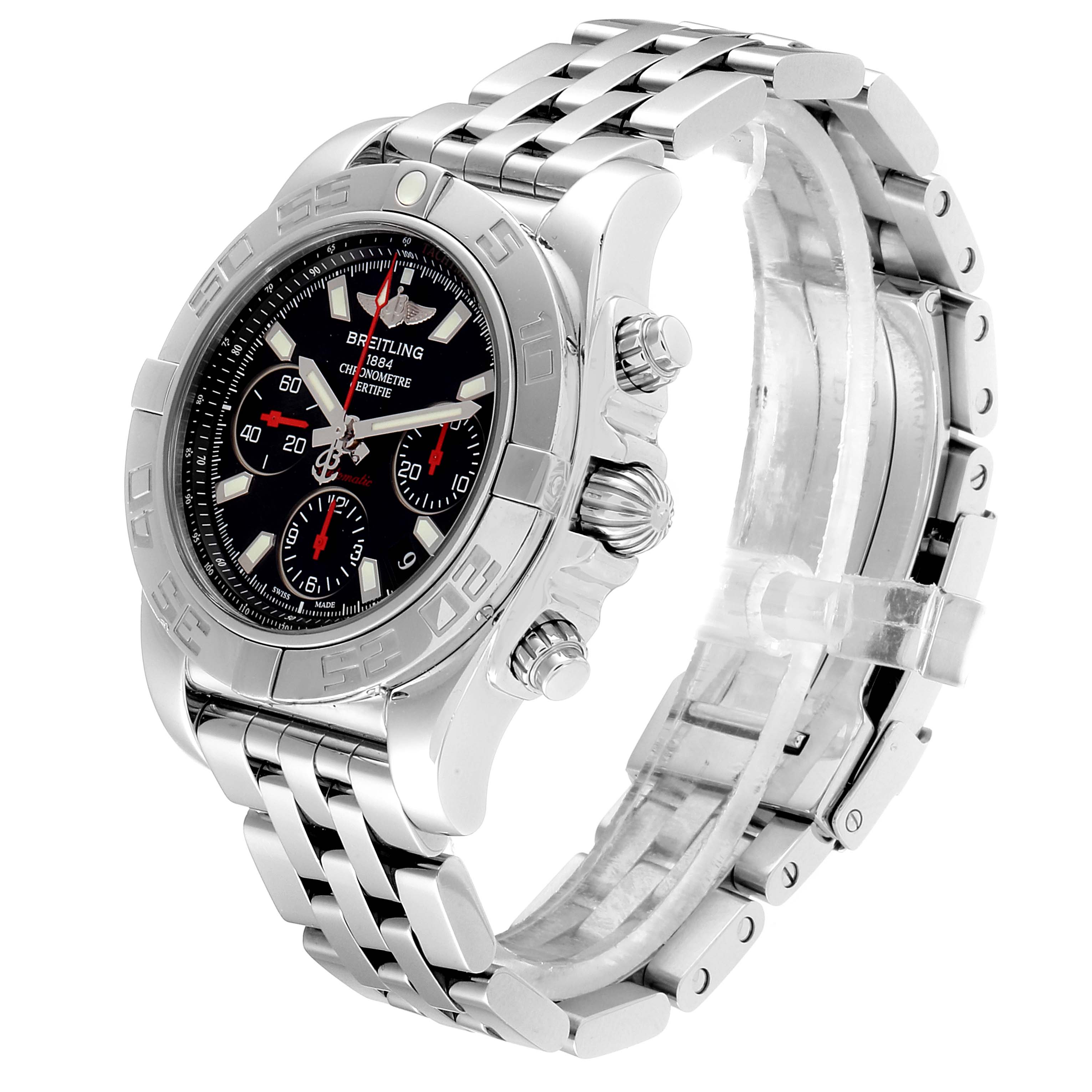 This image shows a side and front angle of the Breitling Chronomat AB0141 Men
s Stainless Steel Black Dial AB0141 Men
s Stainless Steel Black Dial watch, highlighting its dial, crown, and stainless-steel bracelet.