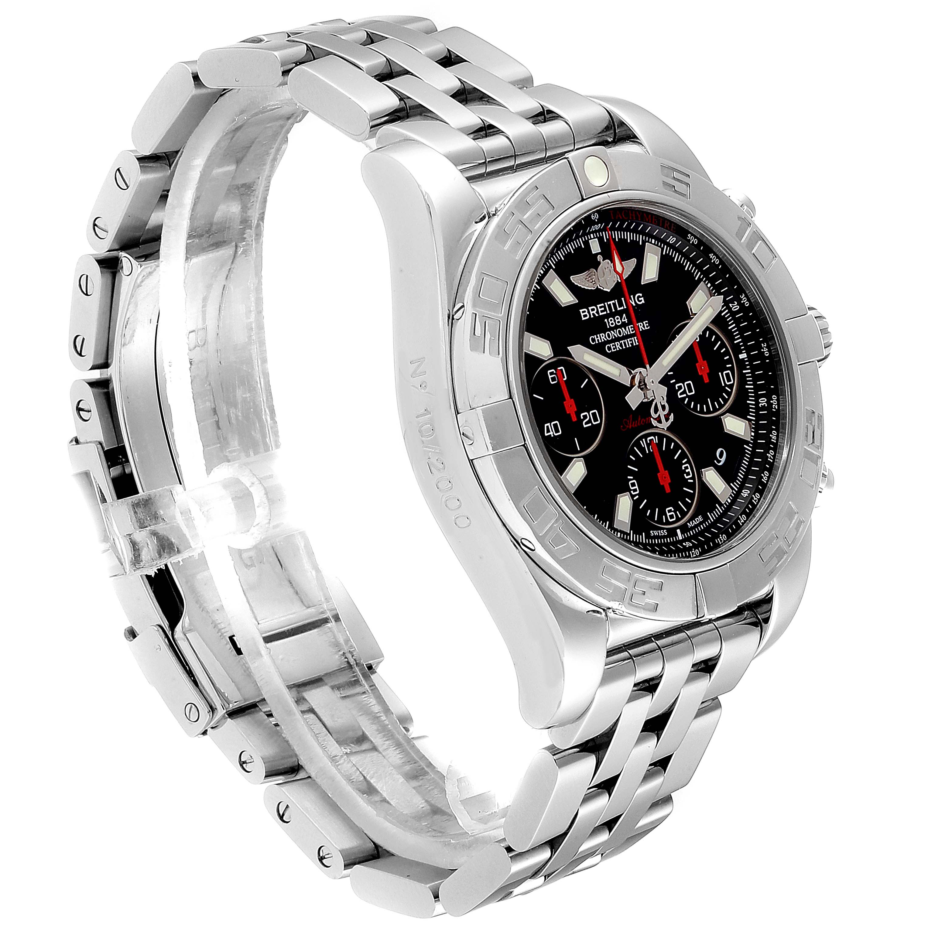 The Breitling Chronomat AB0141 Men
s Stainless Steel Black Dial AB0141 Men
s Stainless Steel Black Dial watch is shown at a slight angle, showcasing its stainless steel bracelet and round chronograph dial.