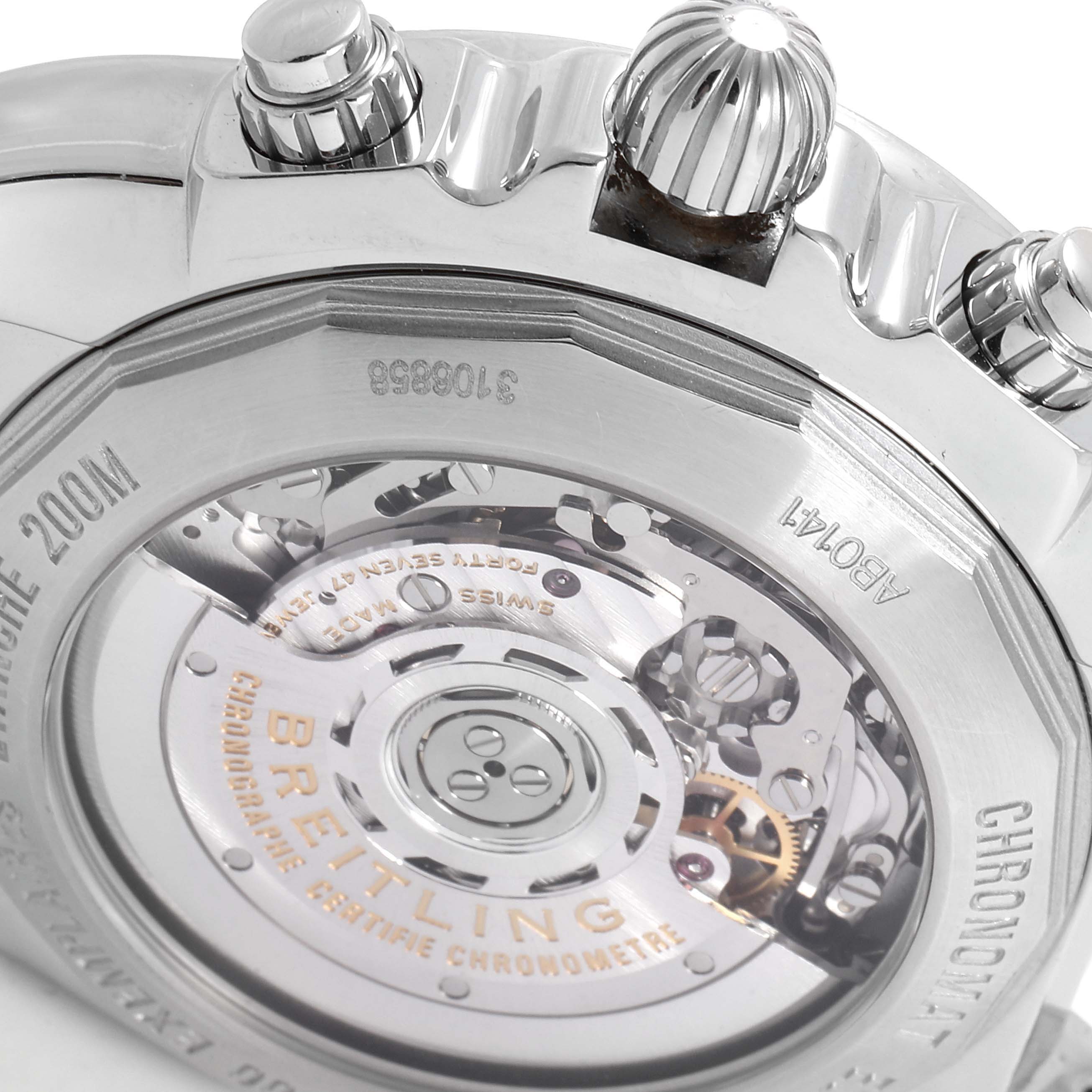 The image shows the case back and movement of a Breitling Chronomat AB0141 Men
s Stainless Steel Black Dial AB0141 Men
s Stainless Steel Black Dial watch from an angled view.