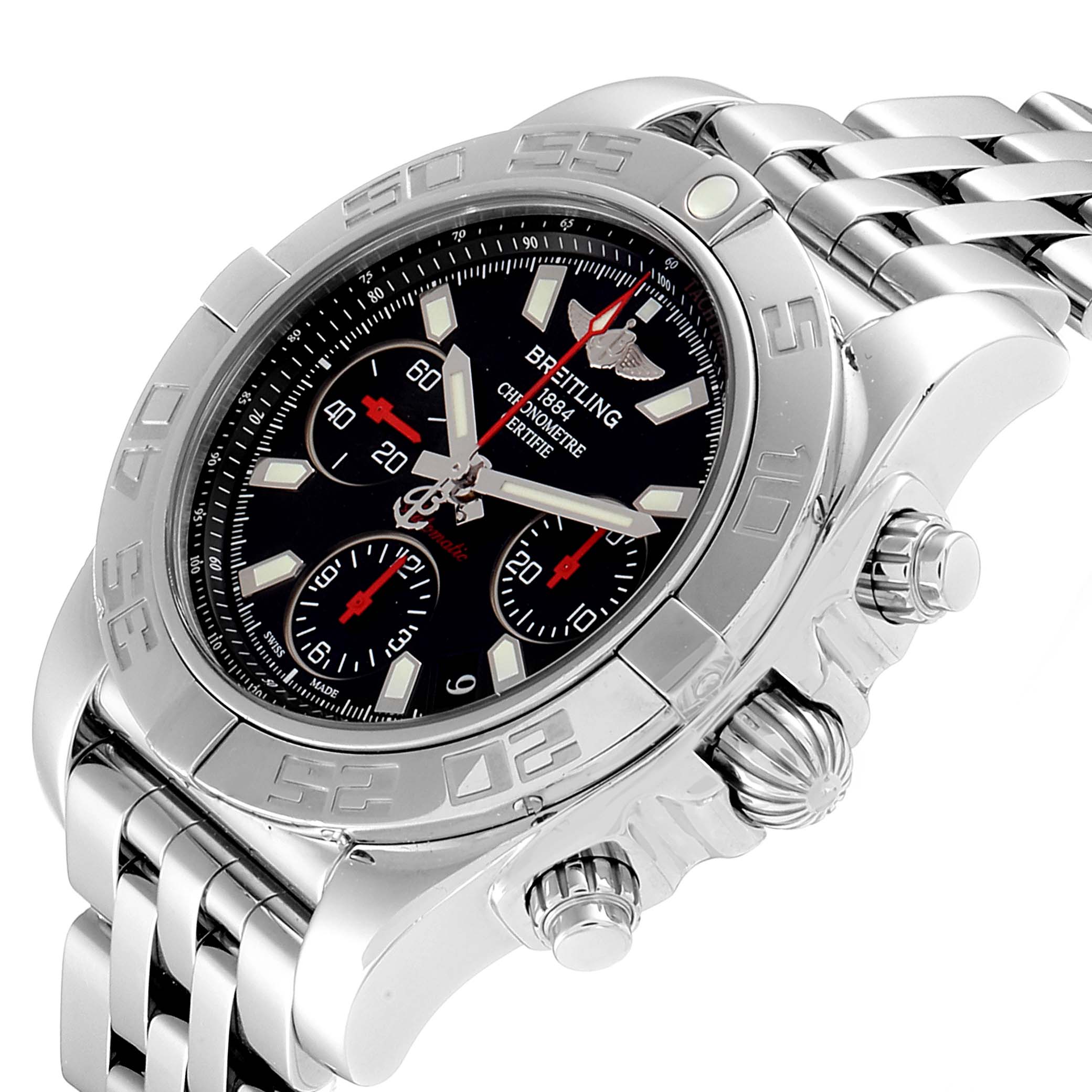 The watch is a Breitling Chronomat AB0141 Men
s Stainless Steel Black Dial AB0141 Men
s Stainless Steel Black Dial model shown at an angle that highlights the dial, bezel, crown, and part of the bracelet.