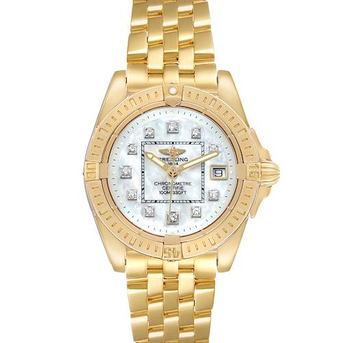 The Breitling K71356 Women's Yellow Gold Mother of Pearl Dial Cockpit Lady K71356 is shown from a top view, highlighting its yellow gold bracelet, diamond dial, and date window.