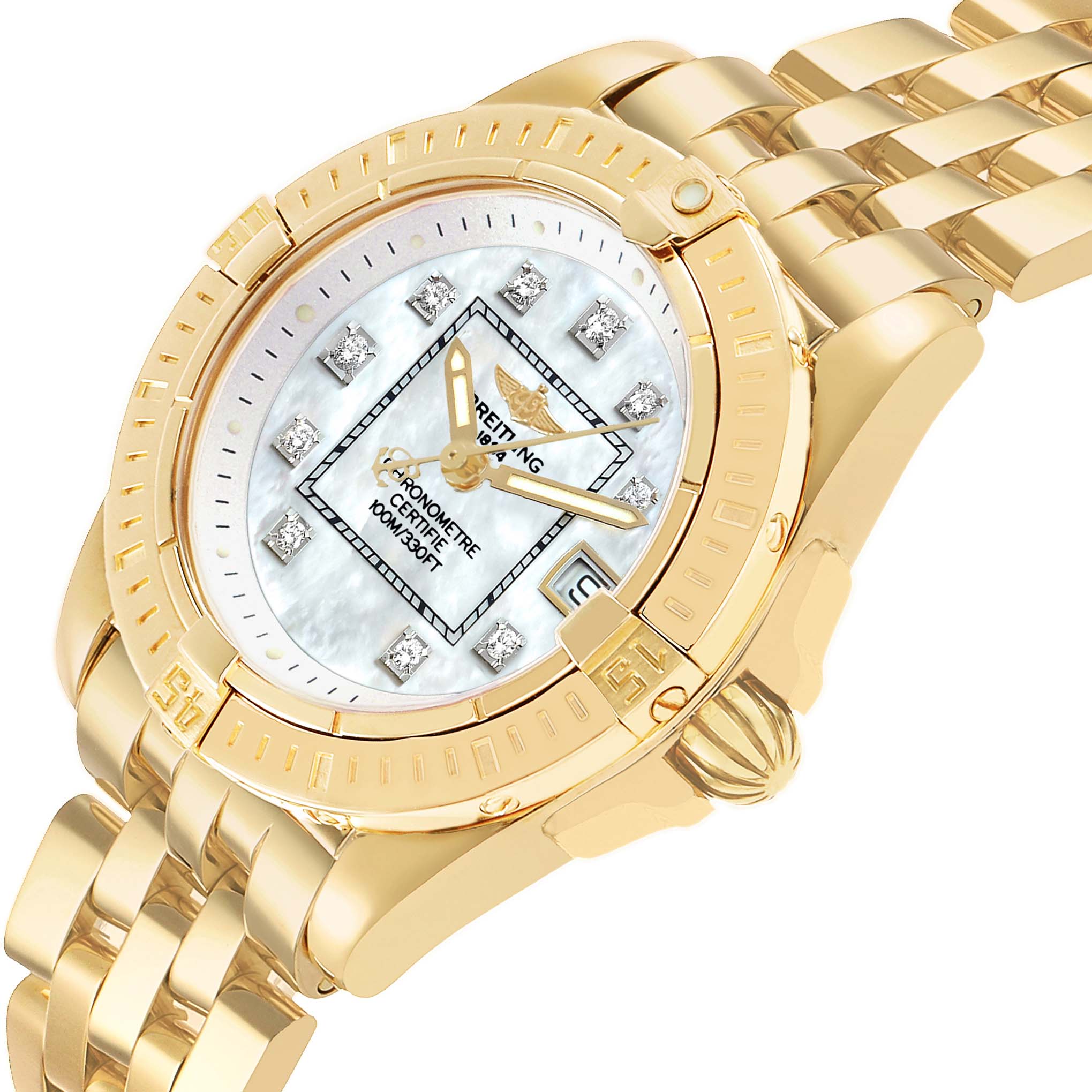 The Breitling K71356 Women's Yellow Gold Mother of Pearl Dial Cockpit Lady watch is shown at an angle emphasizing its diamond markers, mother of pearl dial, and yellow gold case and bracelet.