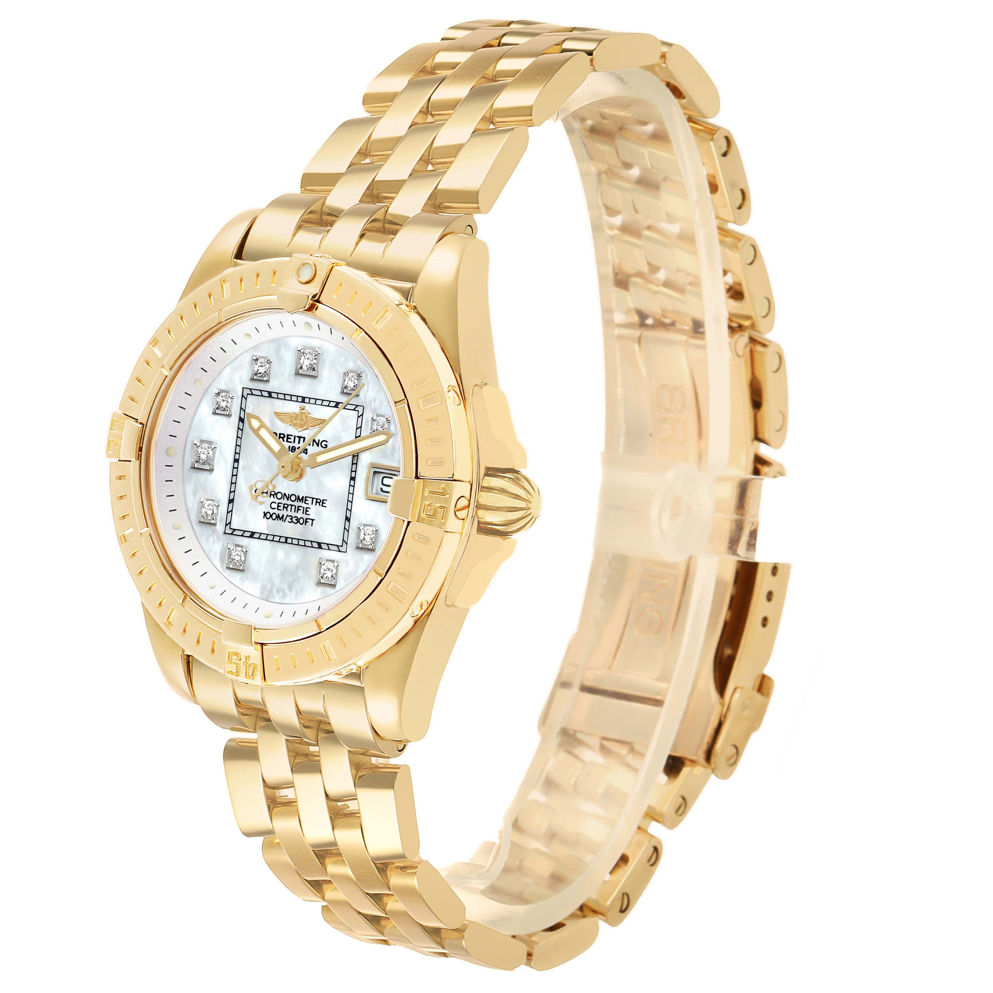 The Breitling K71356 Women's Yellow Gold Mother of Pearl Dial Cockpit Lady K71356 is shown at an angle highlighting its yellow gold bracelet, diamond bezel, and mother of pearl dial.