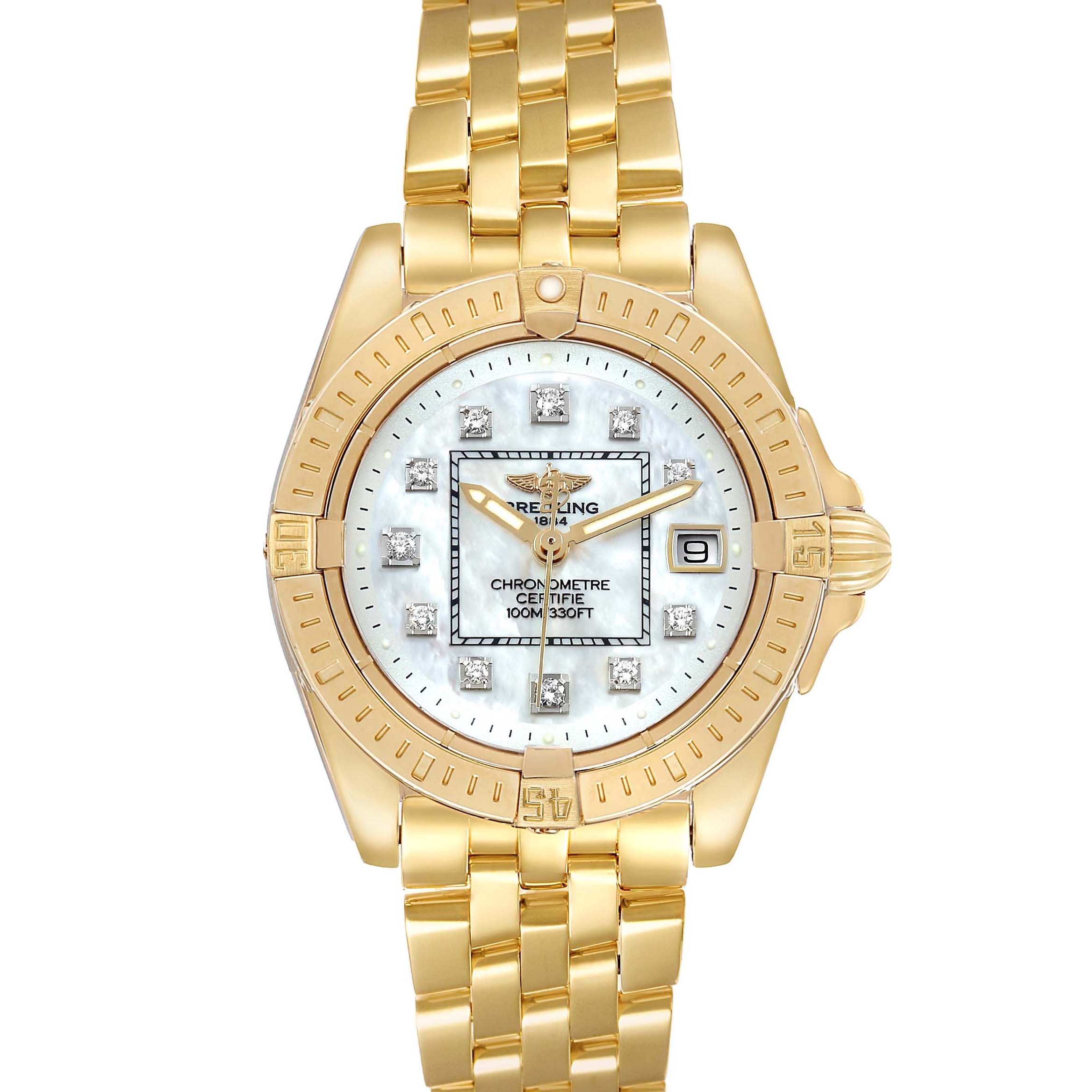 The Breitling K71356 Women's Yellow Gold Mother of Pearl Dial Cockpit Lady K71356 is shown from a frontal angle, displaying its mother-of-pearl dial, diamond markers, and yellow gold bracelet.