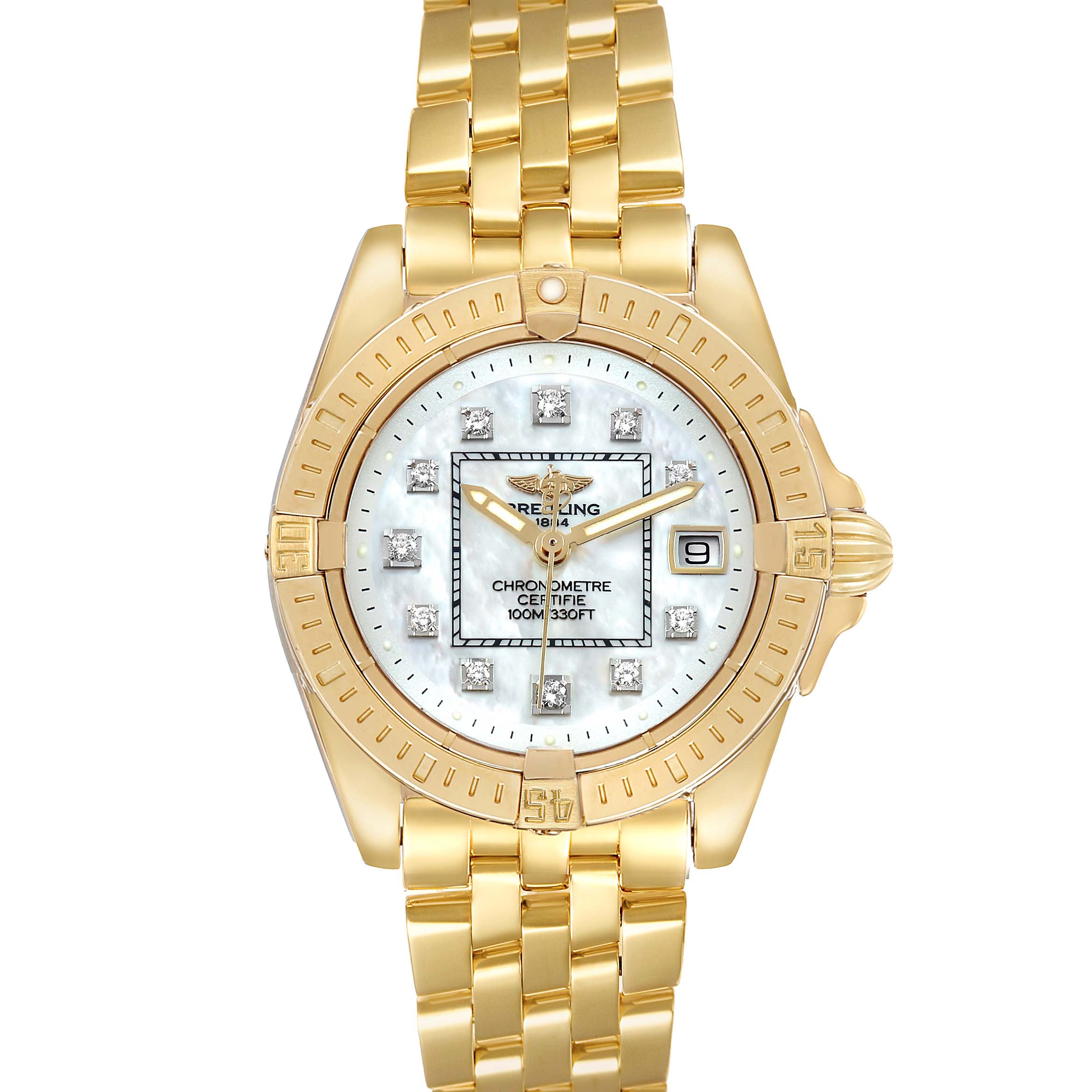 The Breitling K71356 Women's Yellow Gold Mother of Pearl Dial Cockpit Lady K71356 watch is shown from a top view, displaying its yellow gold bracelet, mother of pearl dial, and diamond markers.