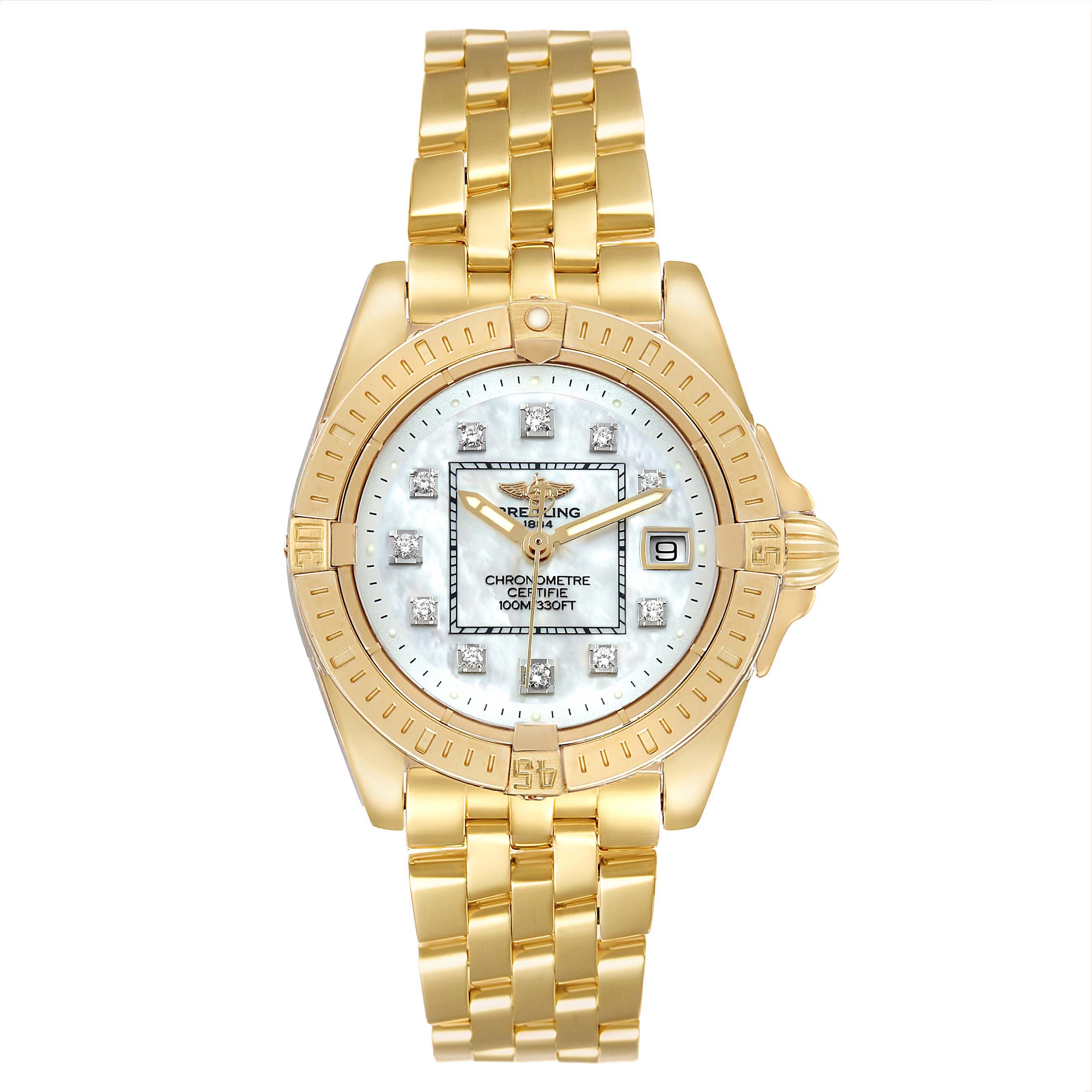 The Breitling K71356 Women's Yellow Gold Mother of Pearl Dial Cockpit Lady K71356 watch is shown from a top-down angle, displaying its gold case, mother of pearl dial, and bracelet.