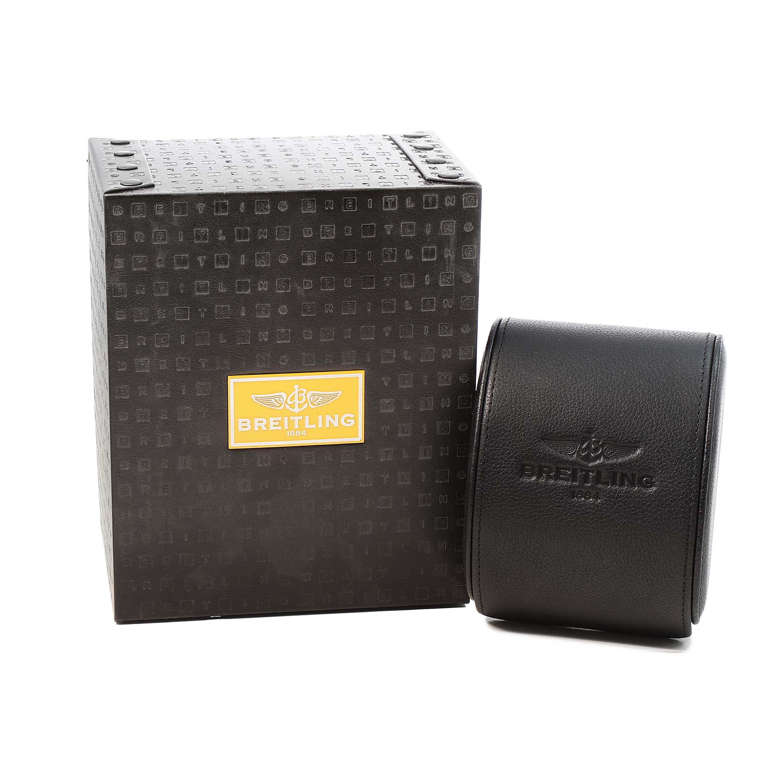 The image shows the Breitling K71356 Women's Yellow Gold Mother of Pearl Dial Cockpit Lady watch's packaging with a black box and leather case.
