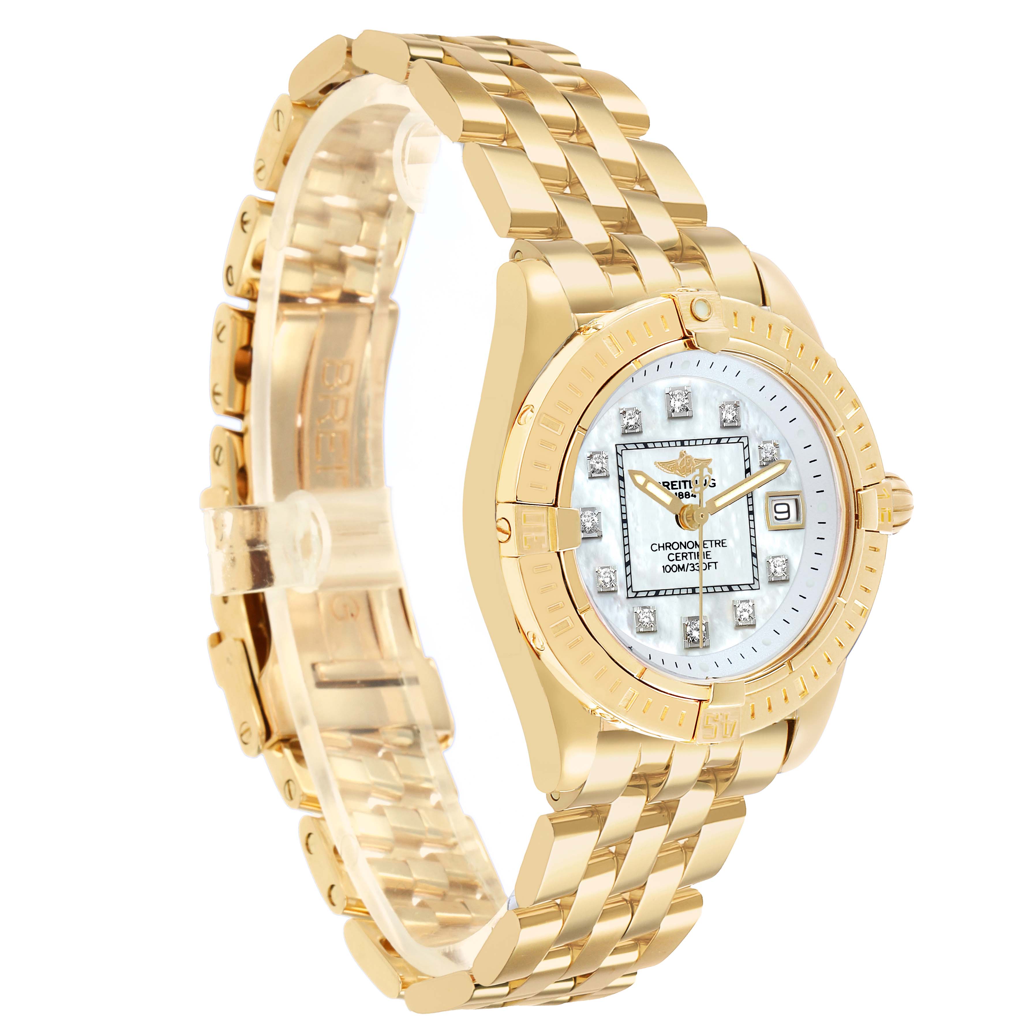 The Breitling K71356 Women's Yellow Gold Mother of Pearl Dial Cockpit Lady K71356 watch is shown at an angle highlighting the face, bezel, and part of the bracelet.