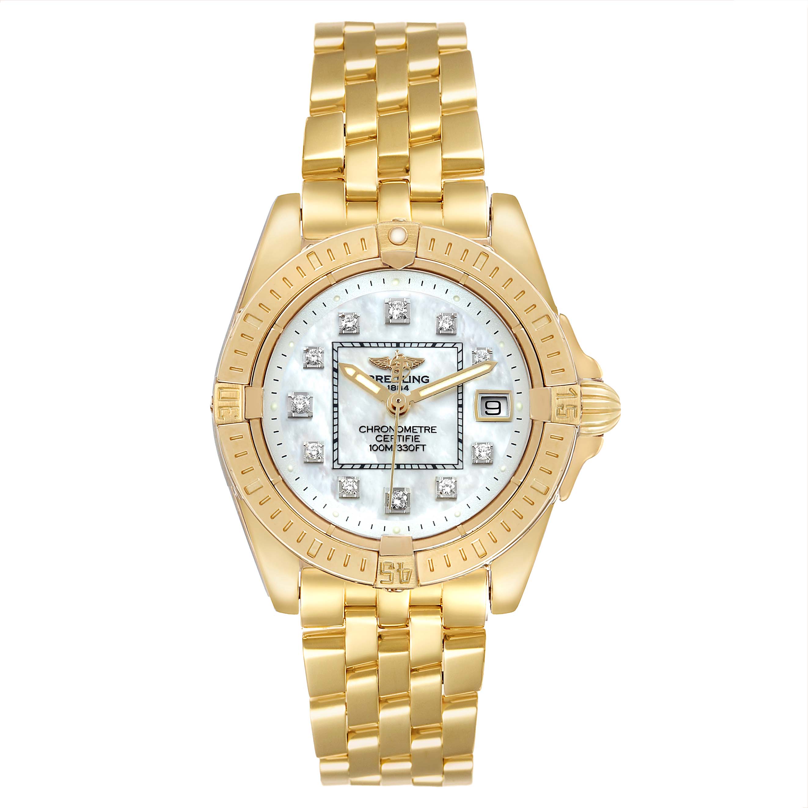 The Breitling K71356 Women's Yellow Gold Mother of Pearl Dial Cockpit Lady K71356 is shown from a top view, displaying its face, bezel, bracelet, and clasp.