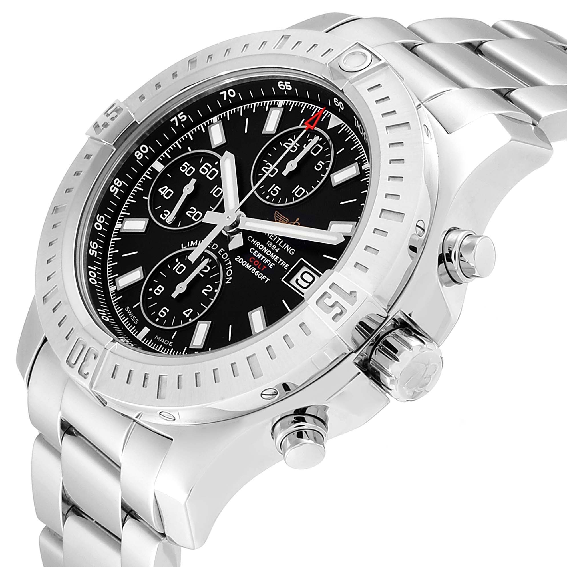 This is a close-up, angled view of the Breitling Colt A13388 Men's Stainless Steel Black Dial A13388 Men's Stainless Steel Black Dial watch, showcasing its bezel, dial, and chronograph buttons.