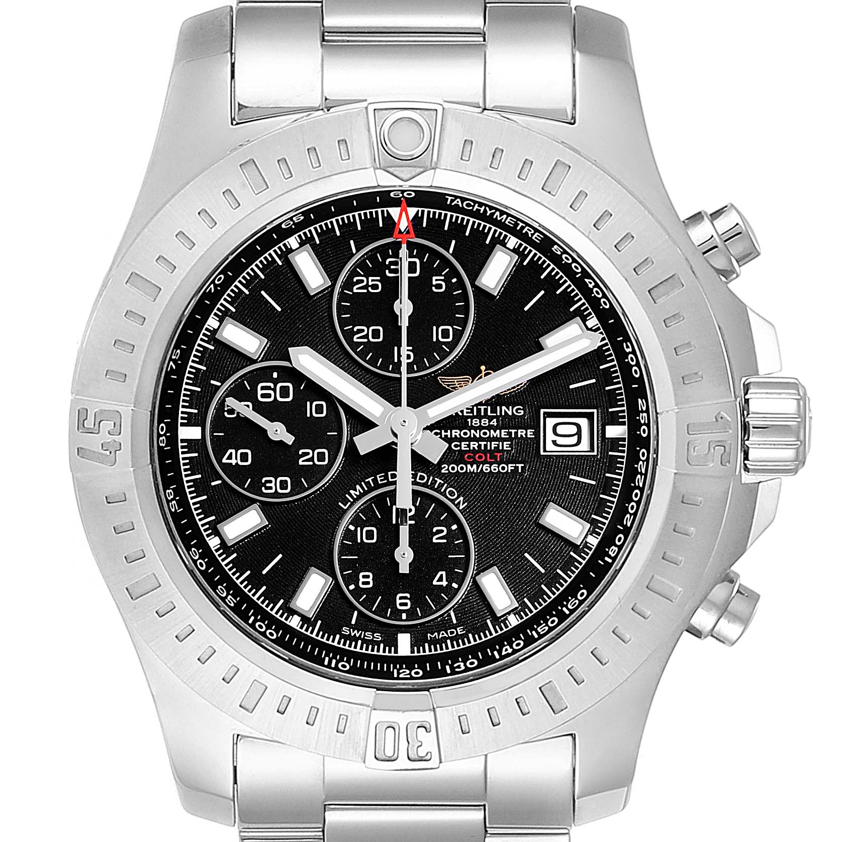 This image shows a front view of the Breitling Colt A13388 Men's Stainless Steel Black Dial A13388 Men's Stainless Steel Black Dial watch, displaying its face, bezel, and three sub-dials.