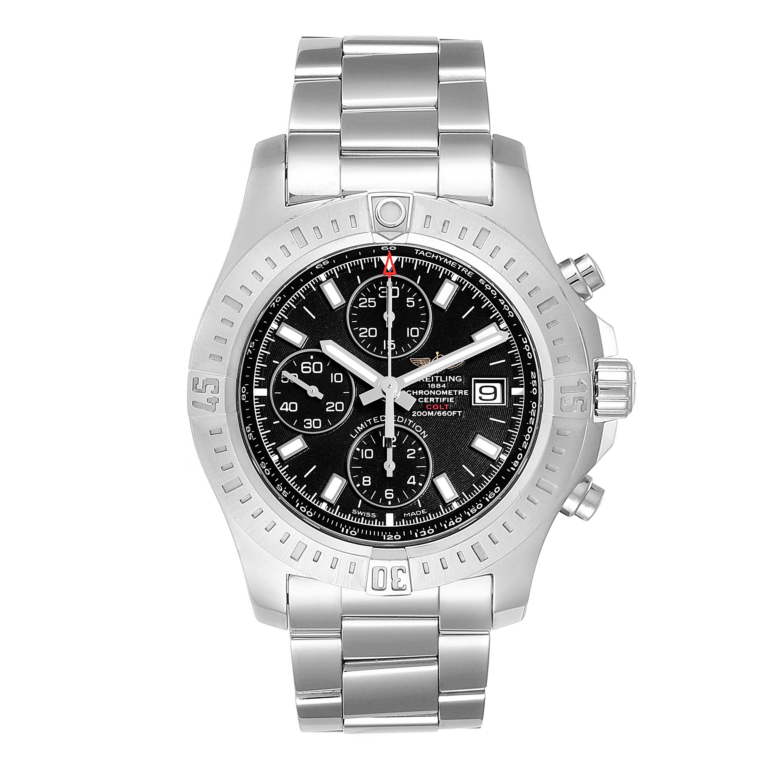 This is a top view of a Breitling Colt A13388 Men's Stainless Steel Black Dial A13388 Men's Stainless Steel Black Dial model watch, showing its round dial, chronograph subdials, stainless steel case, and bracelet.