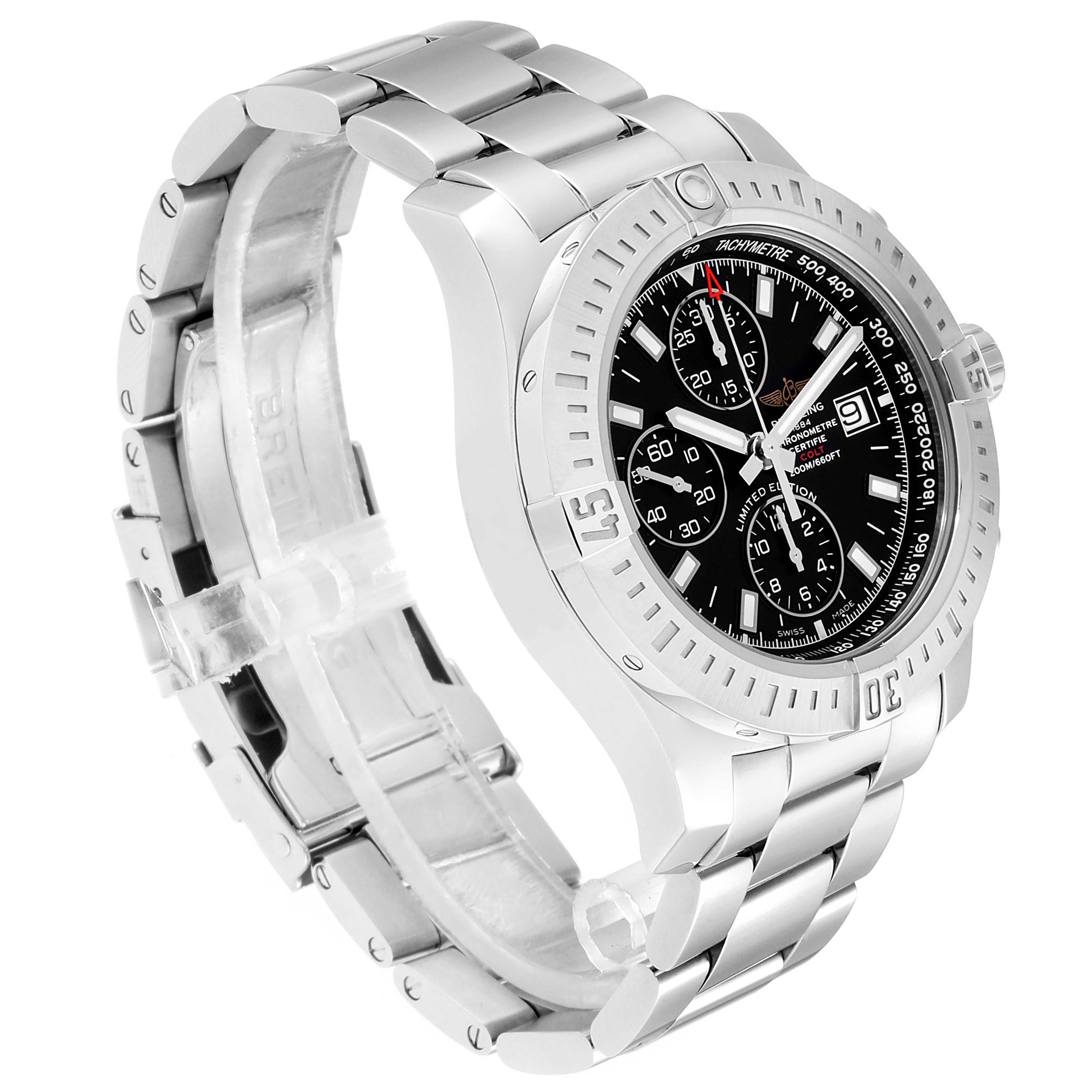 The Breitling Colt A13388 Men's Stainless Steel Black Dial A13388 Men's Stainless Steel Black Dial watch is shown at a slight angle, highlighting its stainless steel bracelet, dial, bezel, and chronograph subdials.