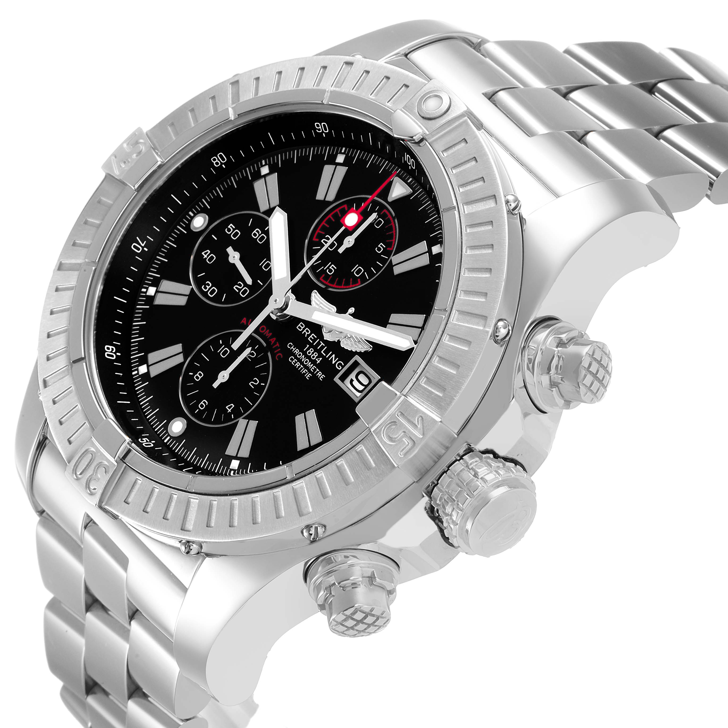 The Breitling Avenger A13370 Men's Stainless Steel Black Dial watch is shown at a three-quarter angle, highlighting the bezel, chronograph dials, crown, and metal bracelet.