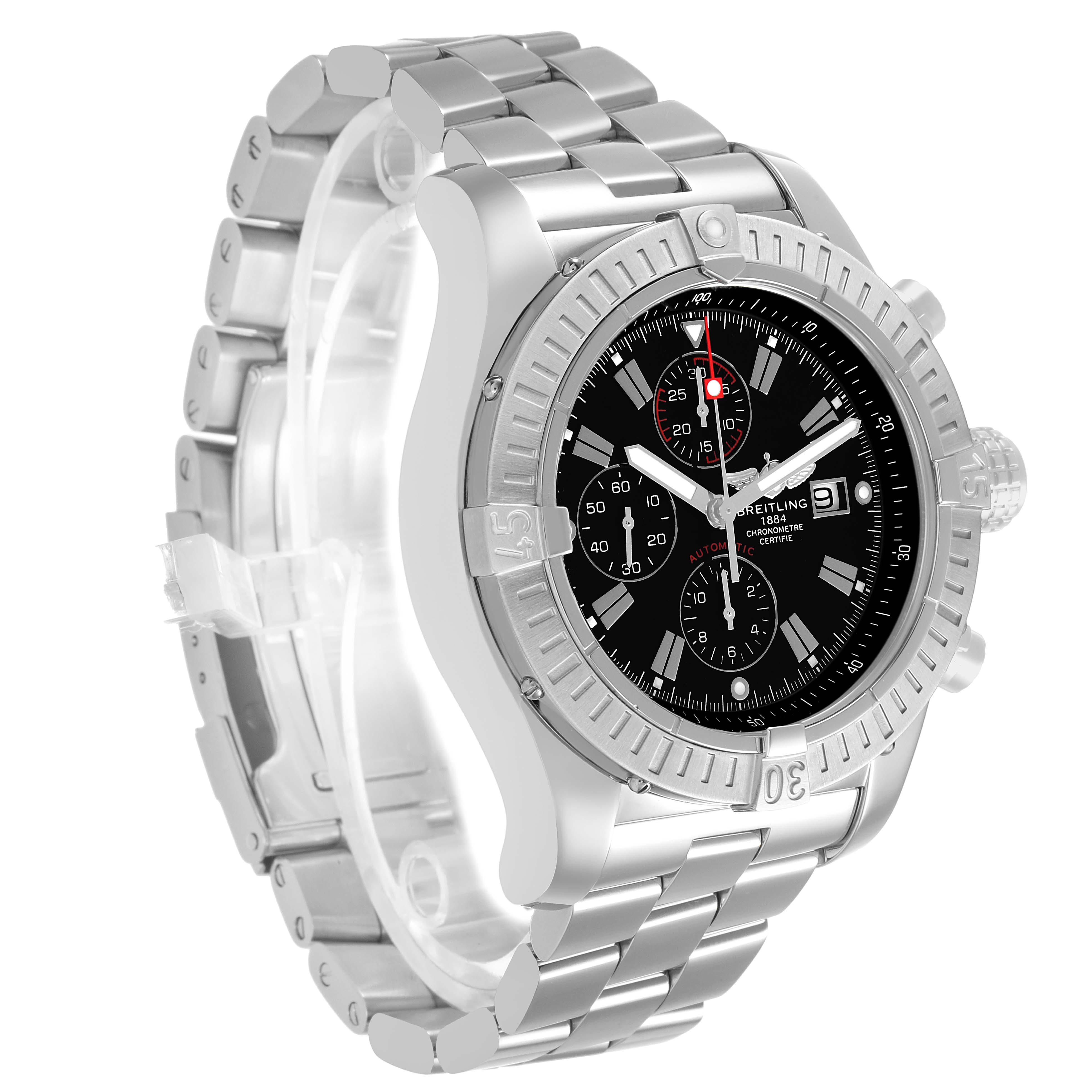The Breitling Avenger A13370 Men's Stainless Steel Black Dial is shown at a three-quarter angle, displaying its bezel, dial, crown, subdials, and linked bracelet.