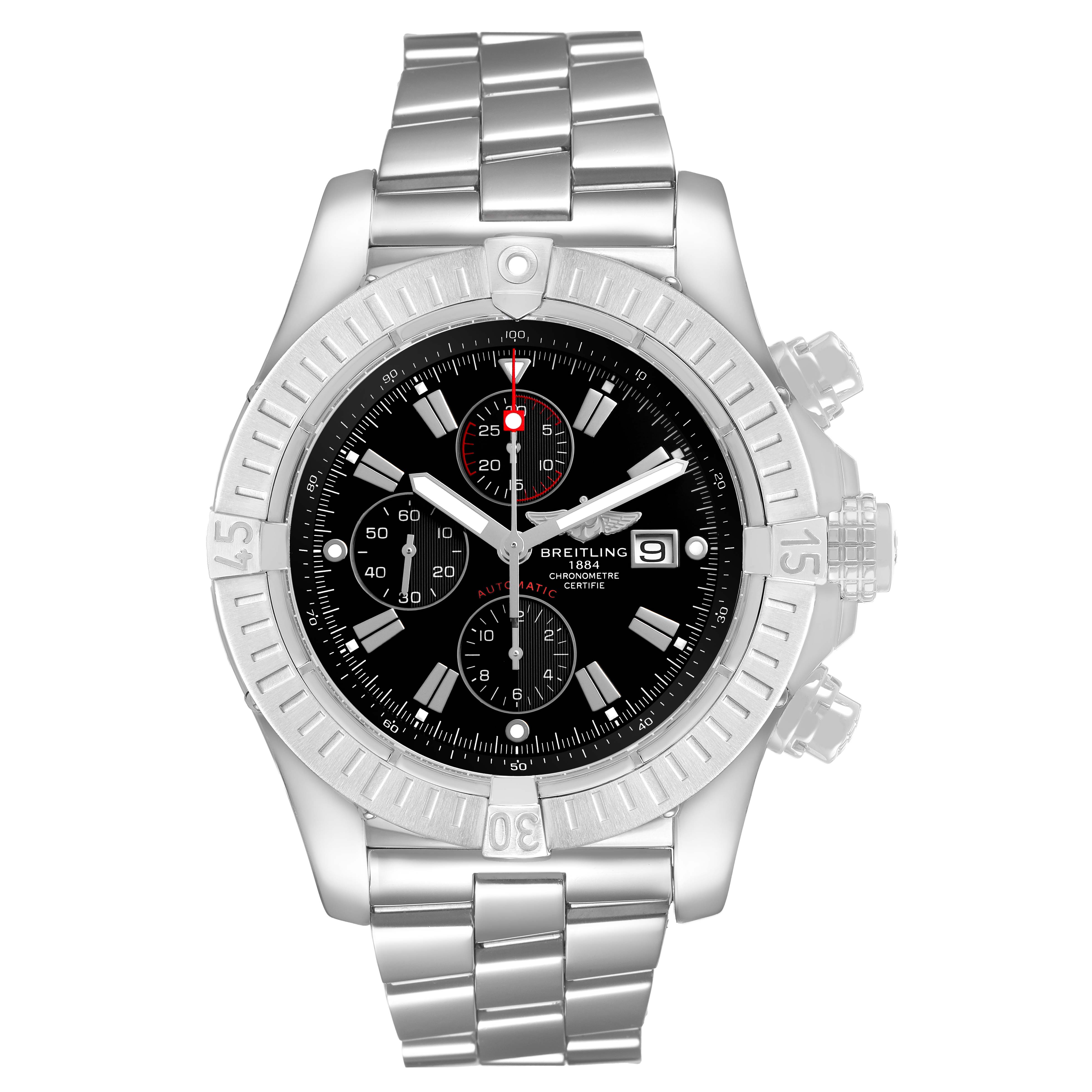 The Breitling Avenger A13370 Men's Stainless Steel Black Dial watch is shown from a front view, displaying its bezel, dial, and bracelet.