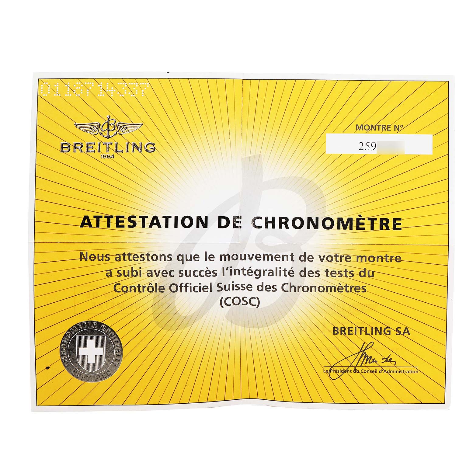 The image shows a Breitling Avenger A13370 Men's Stainless Steel Black Dial model's COSC certificate, highlighting its chronometer status.