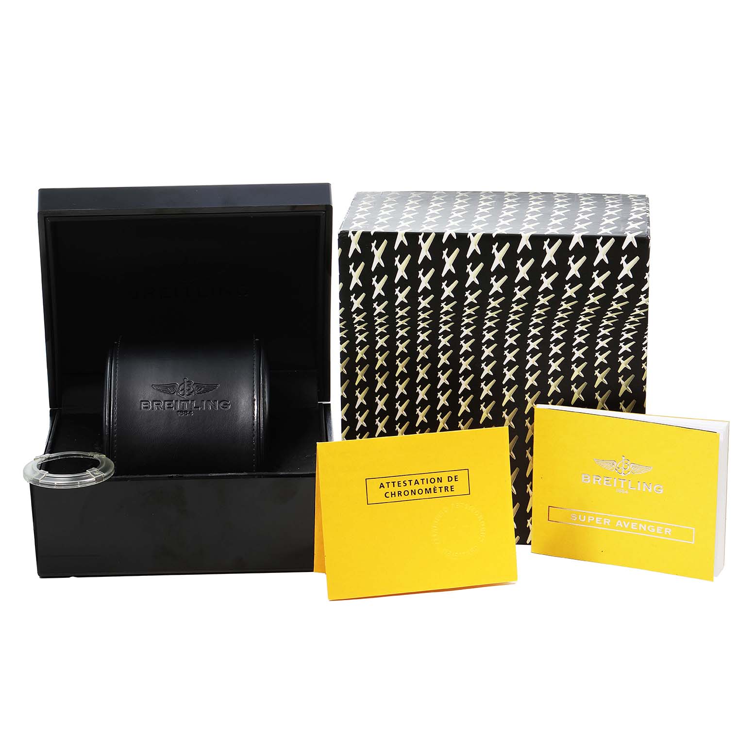 The image shows a Breitling Avenger A13370 Men's Stainless Steel Black Dial watch box and accessories, including documentation and packaging, from the front angle.