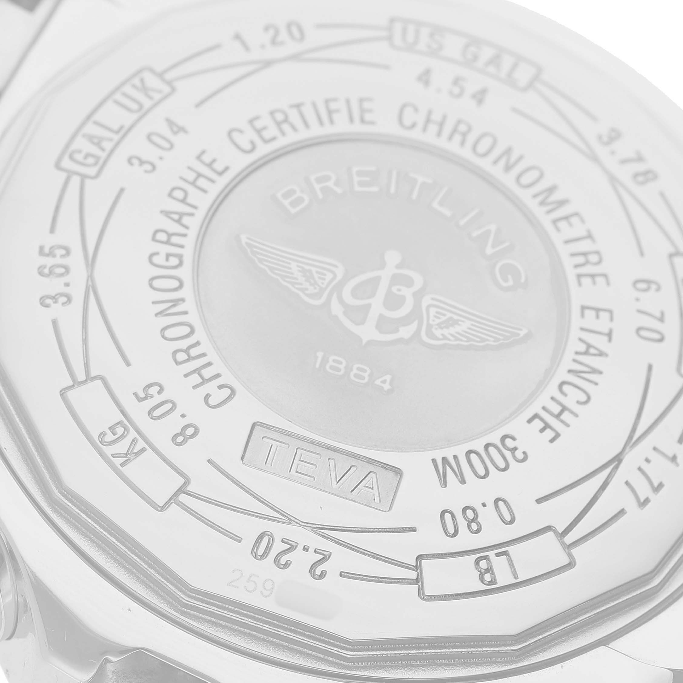 The image shows the back case of the Breitling Avenger A13370 Men's Stainless Steel Black Dial watch, featuring engravings and brand markings.