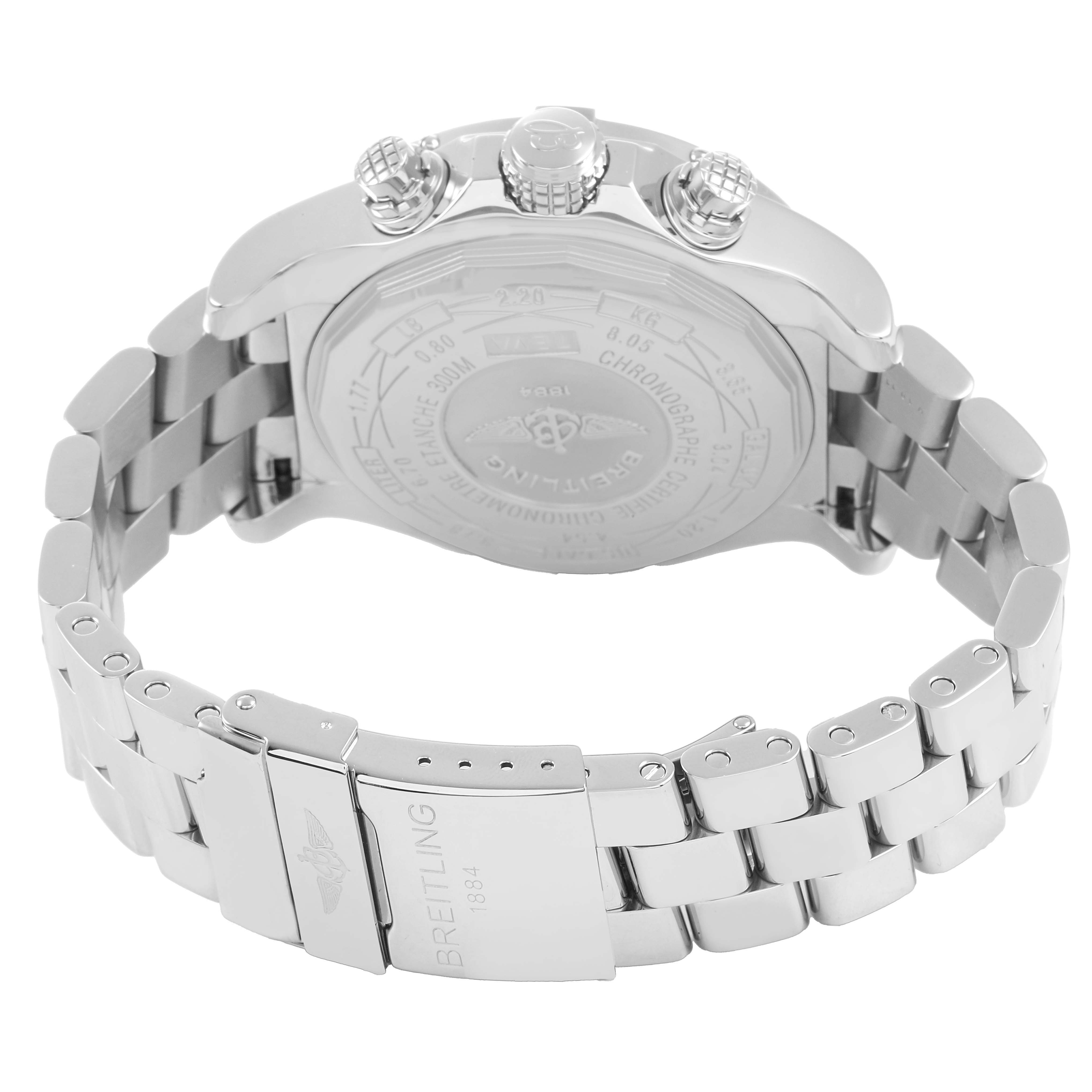 The image shows the back and side view of a Breitling Avenger A13370 Men's Stainless Steel Black Dial watch, highlighting the case back, crown, pushers, and metal bracelet.