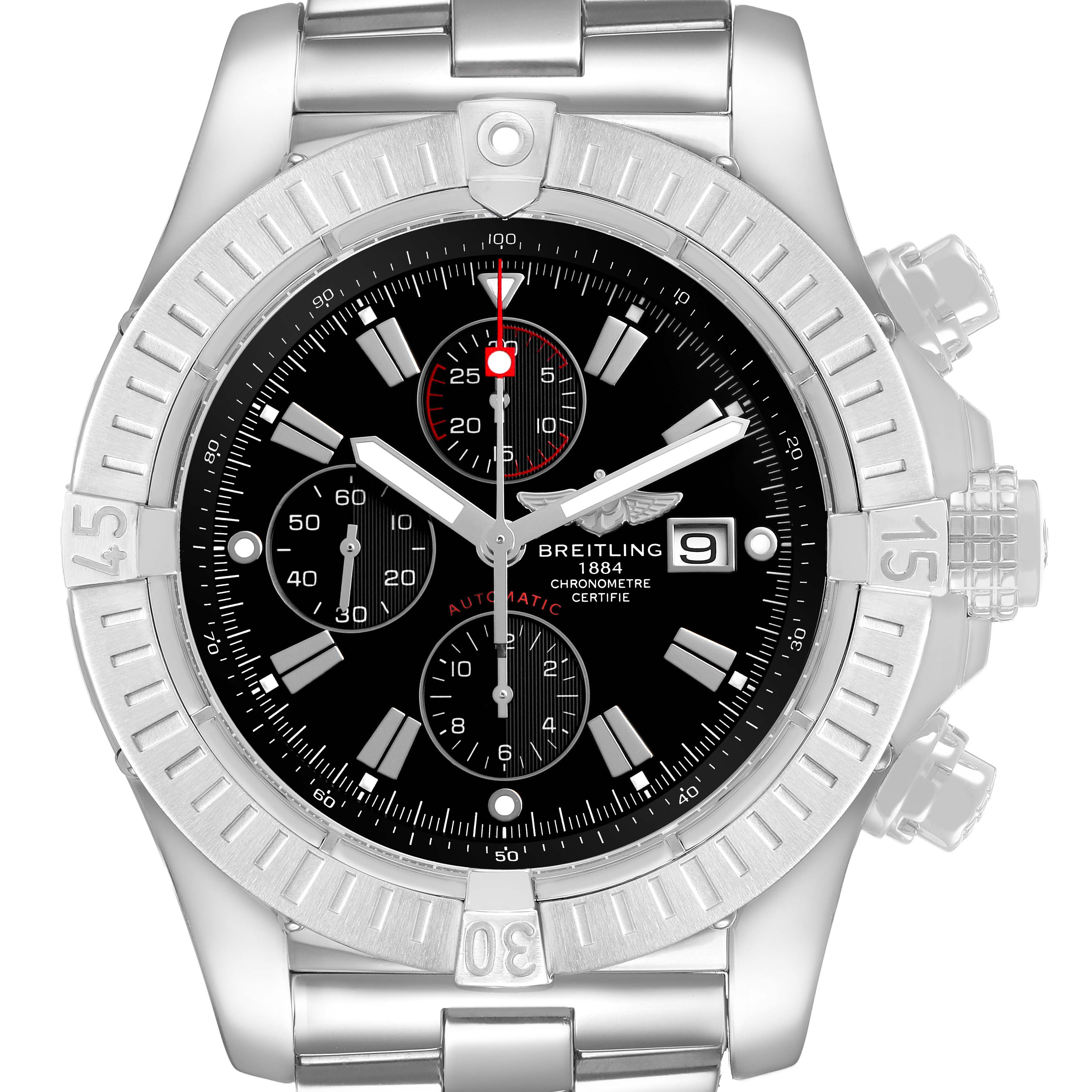 The Breitling Avenger A13370 Men's Stainless Steel Black Dial watch is shown from the front, highlighting the dial, bezel, and chronograph subdials.