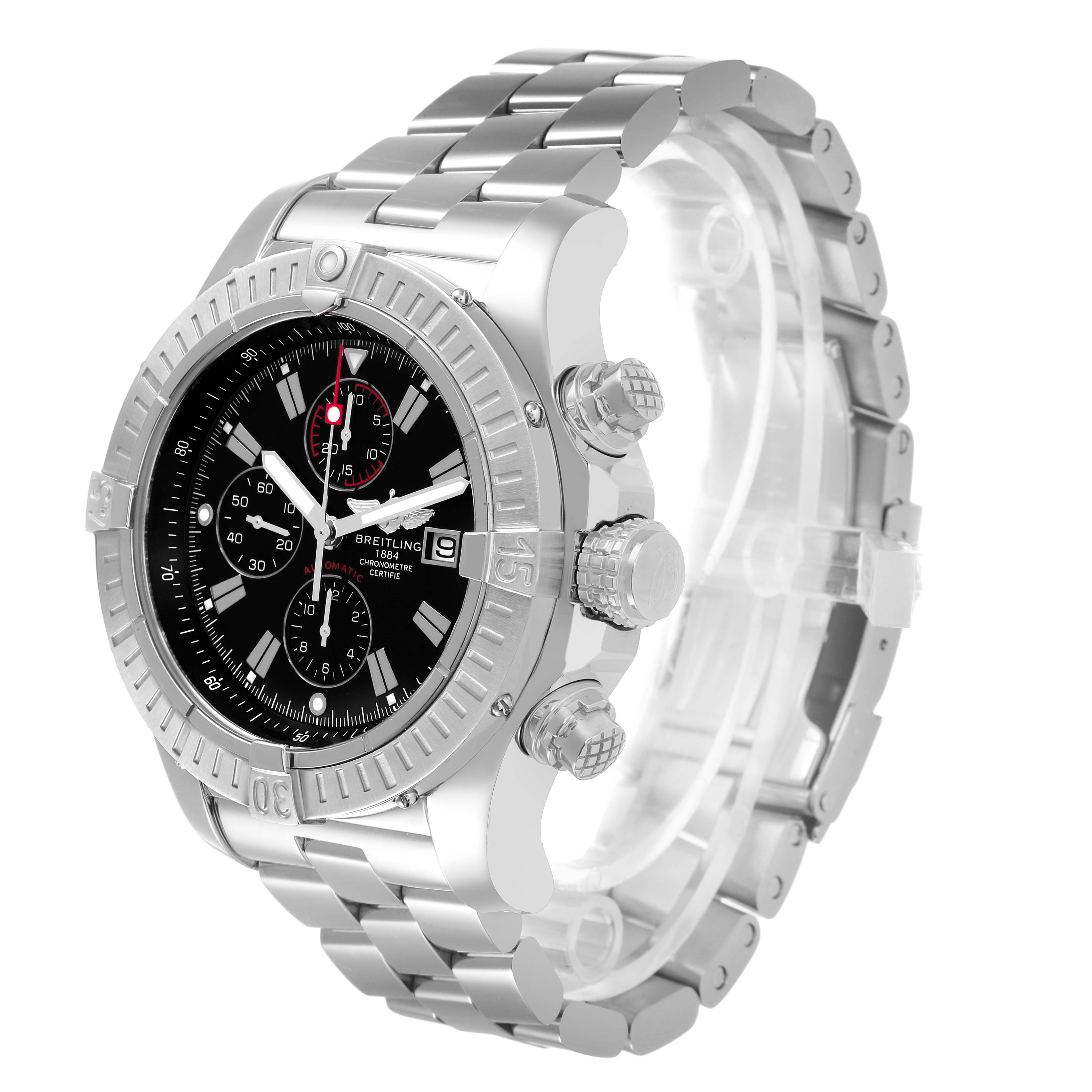 The image shows a Breitling Avenger A13370 Men's Stainless Steel Black Dial watch from a three-quarter angle, highlighting the face, bezel, and metal bracelet.