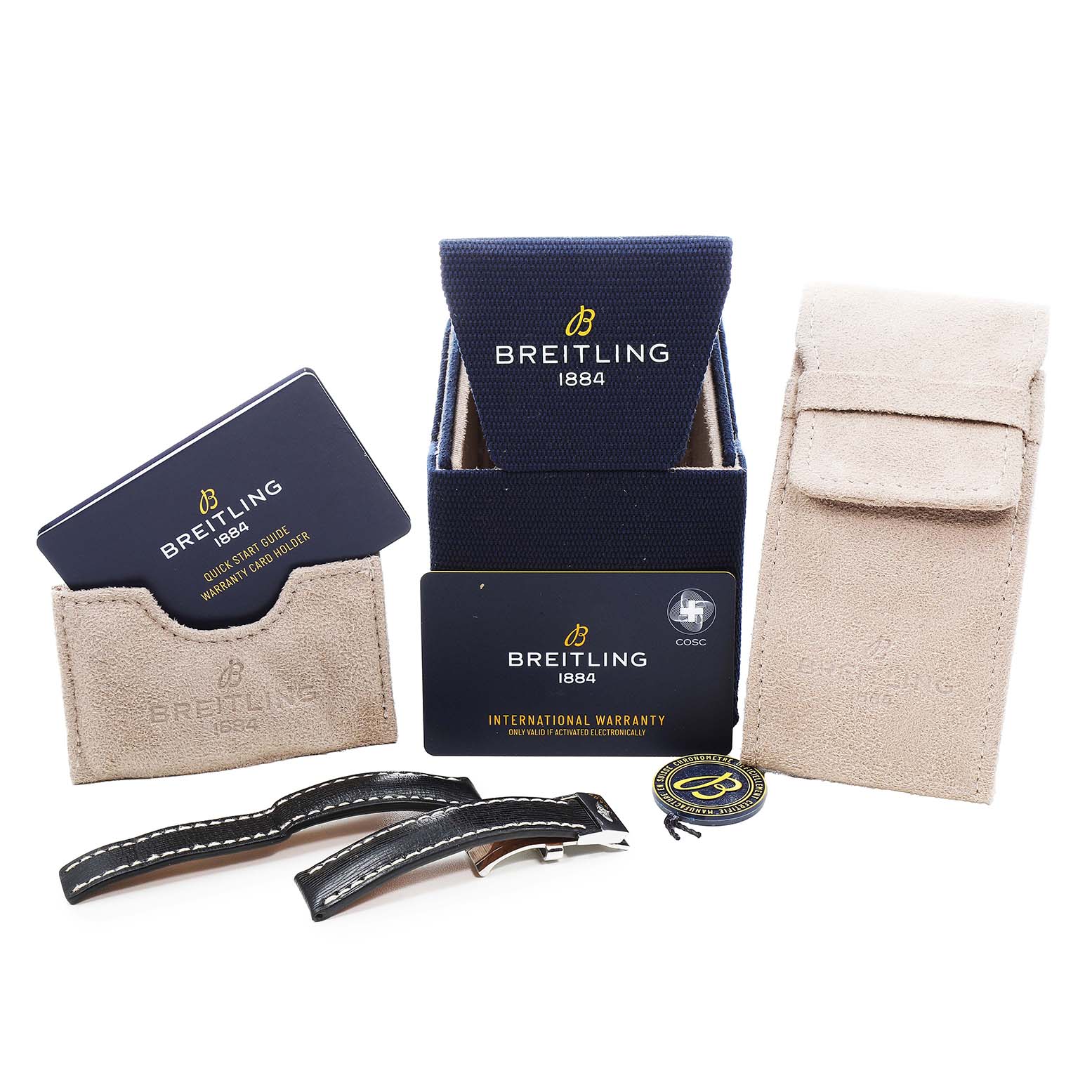 The image shows the Breitling A17377 Women's Stainless Steel Orange Dial Superocean 36 watch accessories including a box, card holder, warranty cards, strap, and pouch.