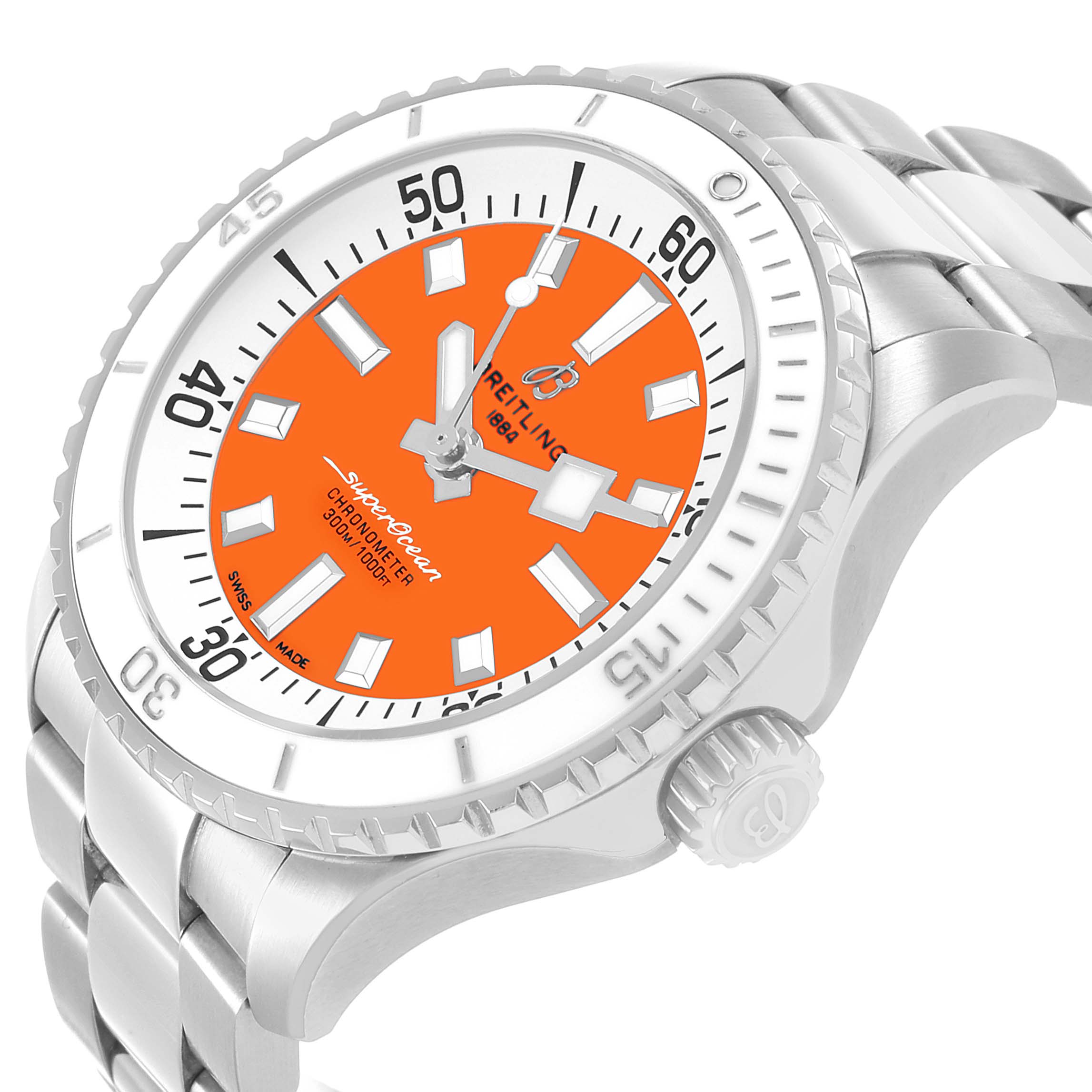 The Breitling A17377 Women's Stainless Steel Orange Dial Superocean 36 White Orange Dial Steel Ladies Watch A17377 is shown at an angle highlighting the orange dial, bezel, and part of the bracelet.