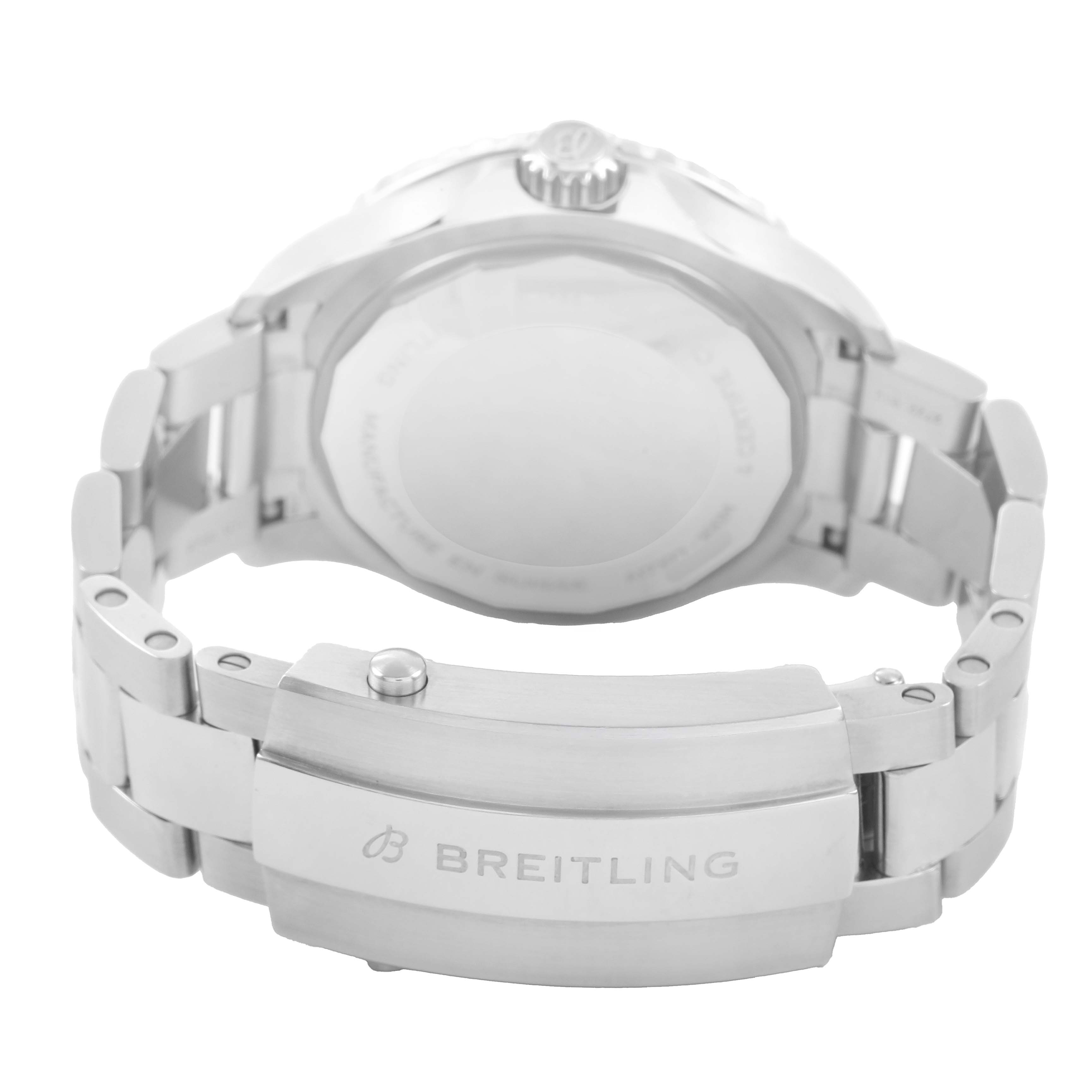 The Breitling A17377 Women's Stainless Steel Orange Dial Superocean 36 is shown from the back, highlighting the clasp and part of the bracelet.